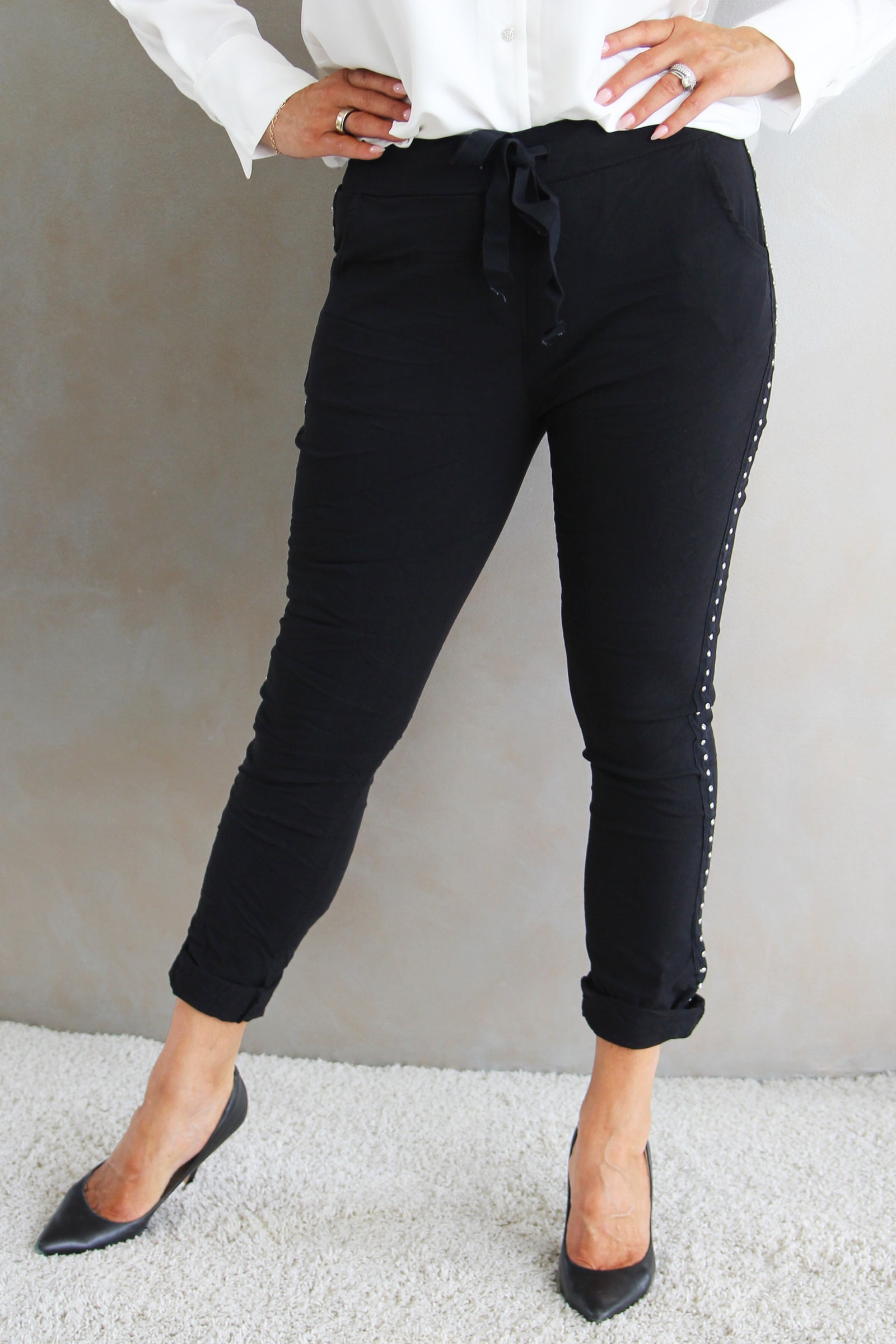 Crinkle Pants w/ Rhinestone & Stud Side Trim