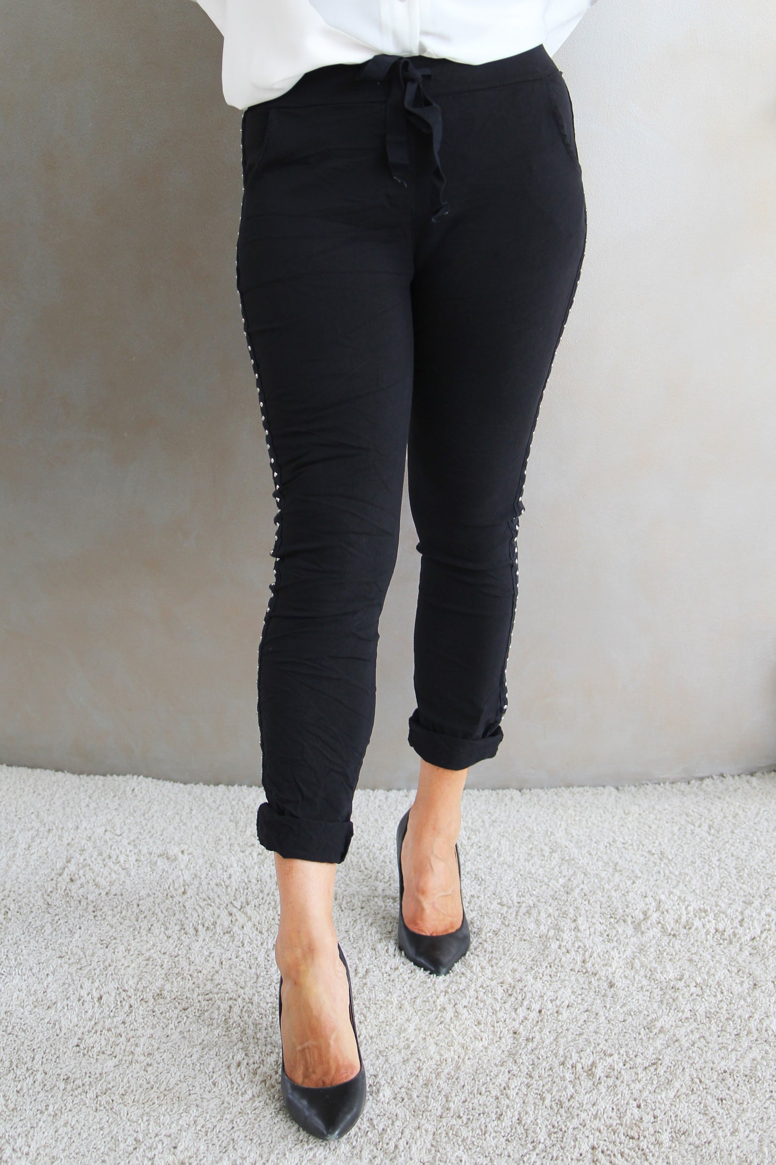 Crinkle Pants w/ Rhinestone & Stud Side Trim