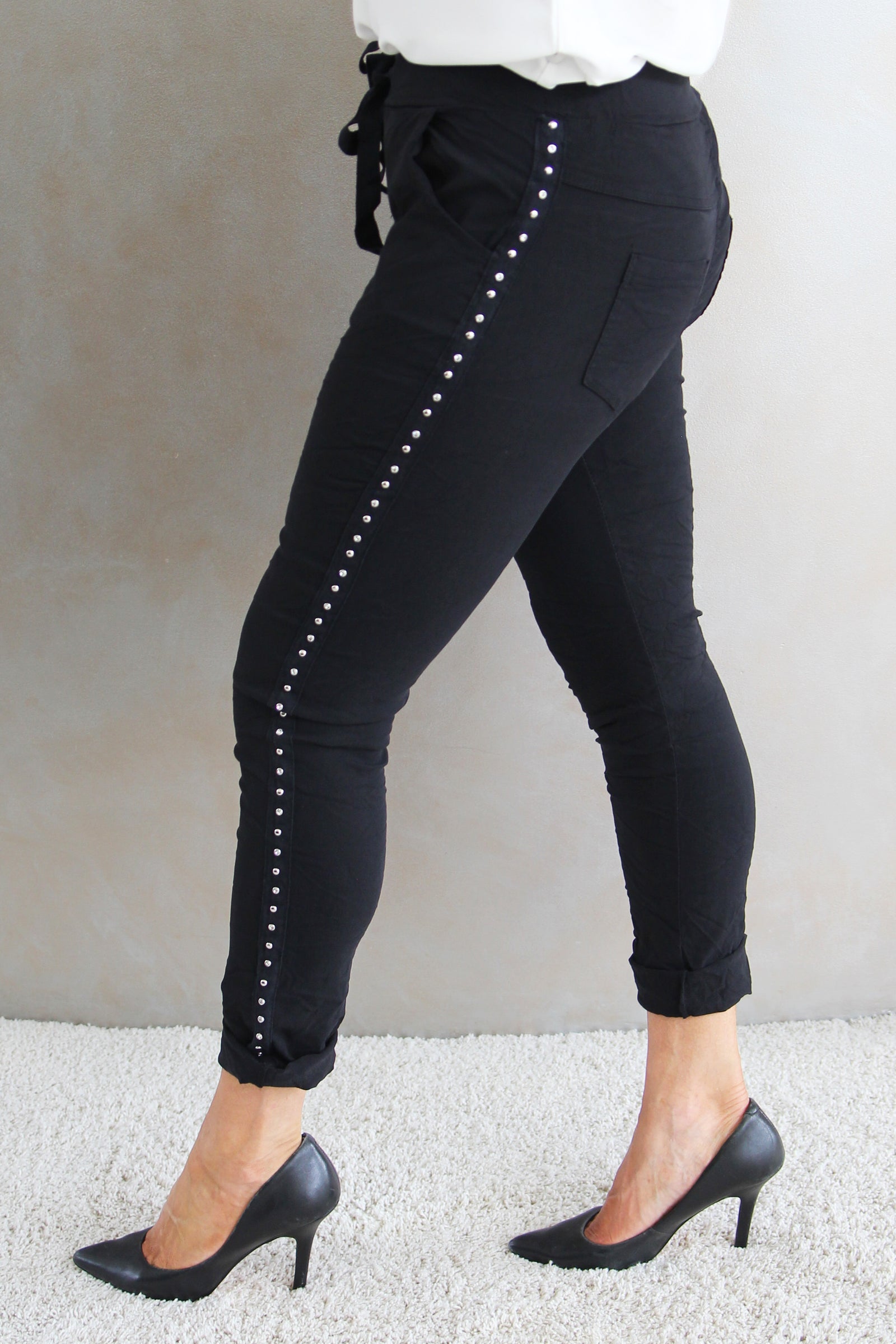 Crinkle Pants w/ Rhinestone & Stud Side Trim