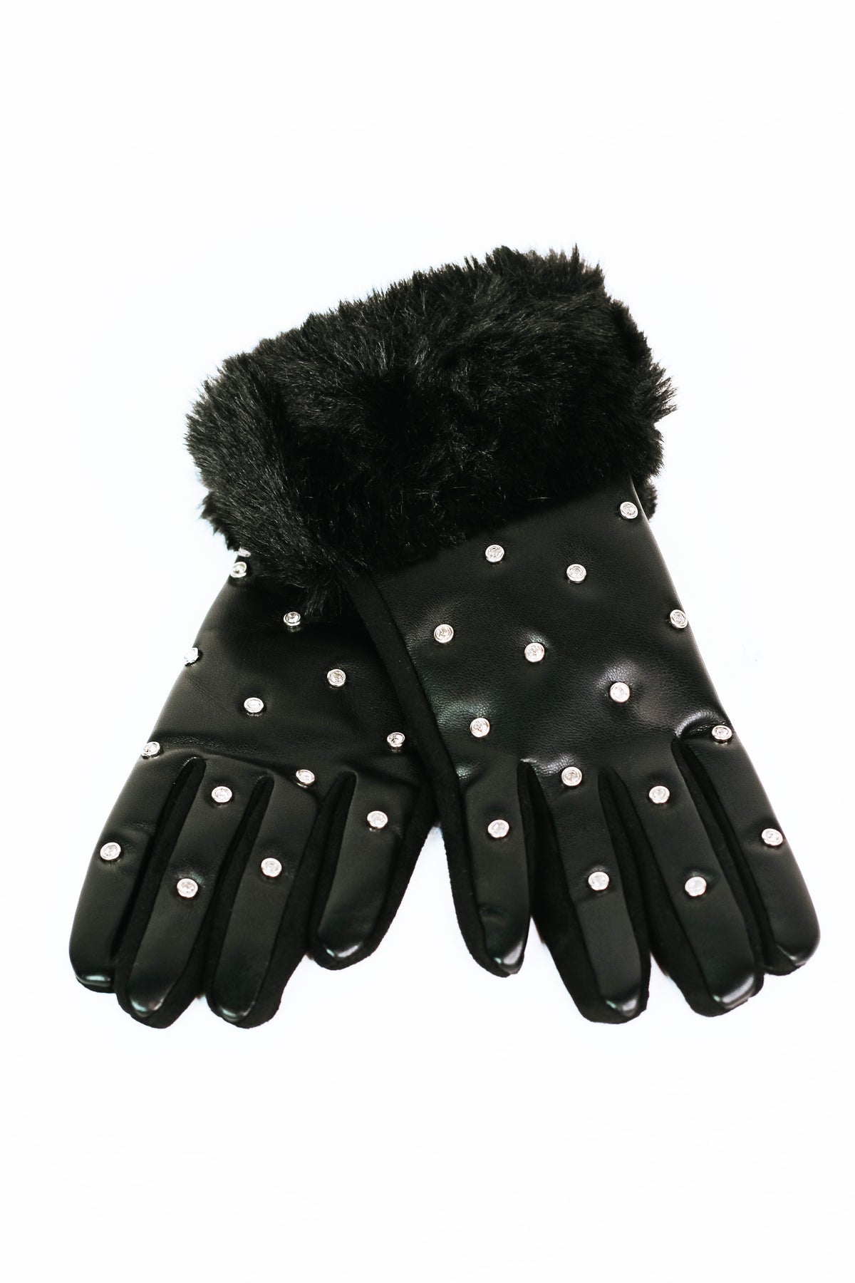 Rhinestone Studded Gloves w/ Faux Fur Cuffs