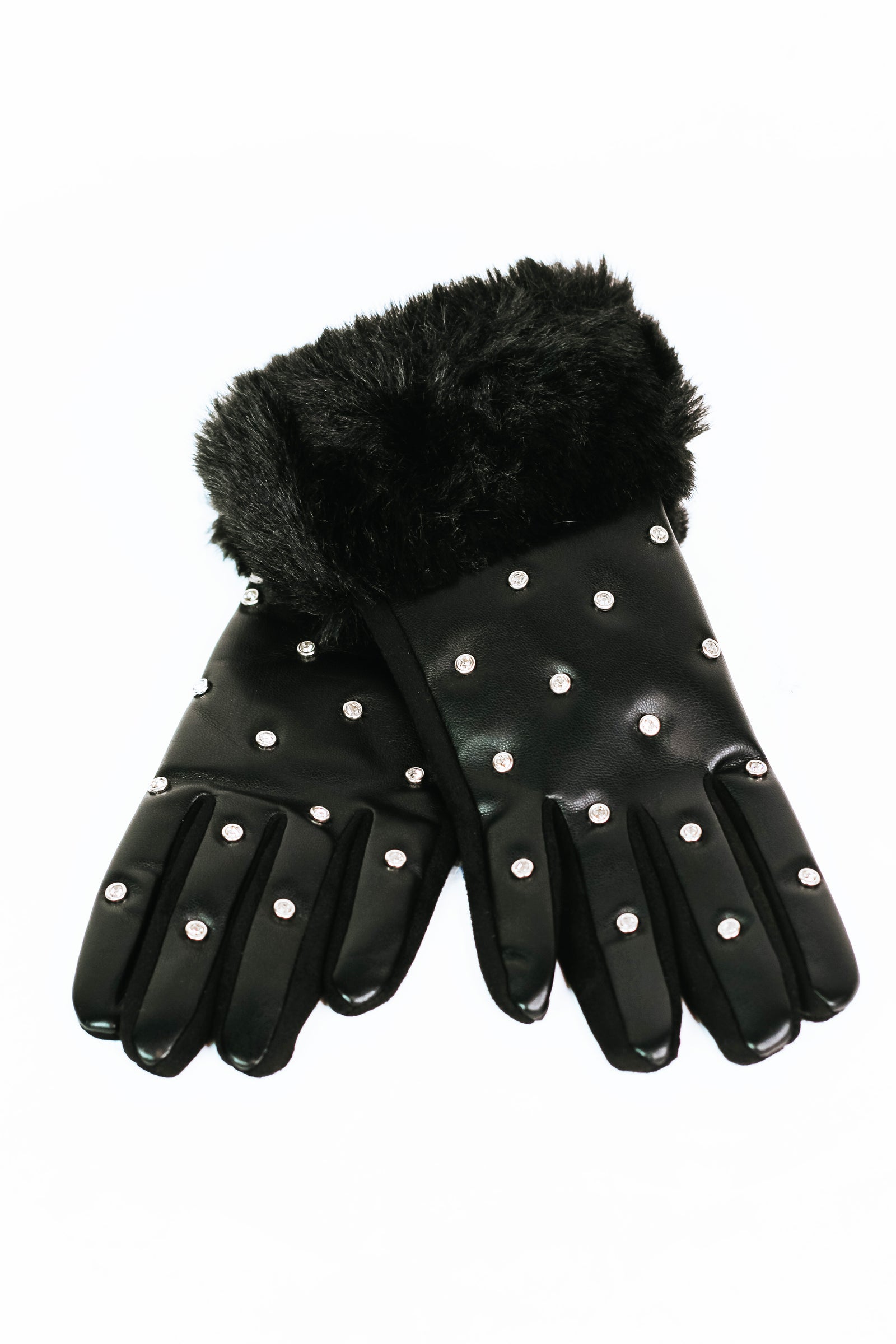 Rhinestone Studded Gloves w/ Faux Fur Cuffs
