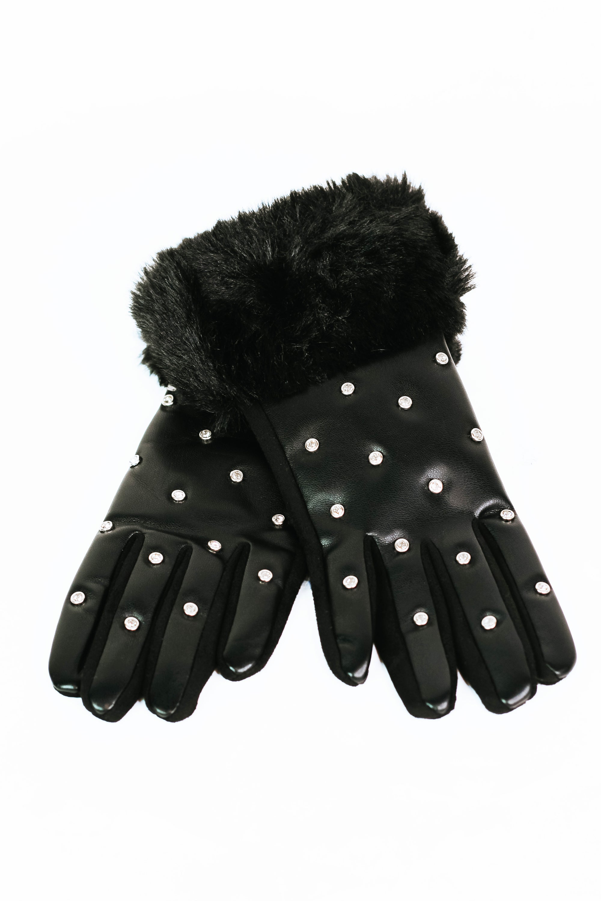 Rhinestone Studded Gloves w/ Faux Fur Cuffs
