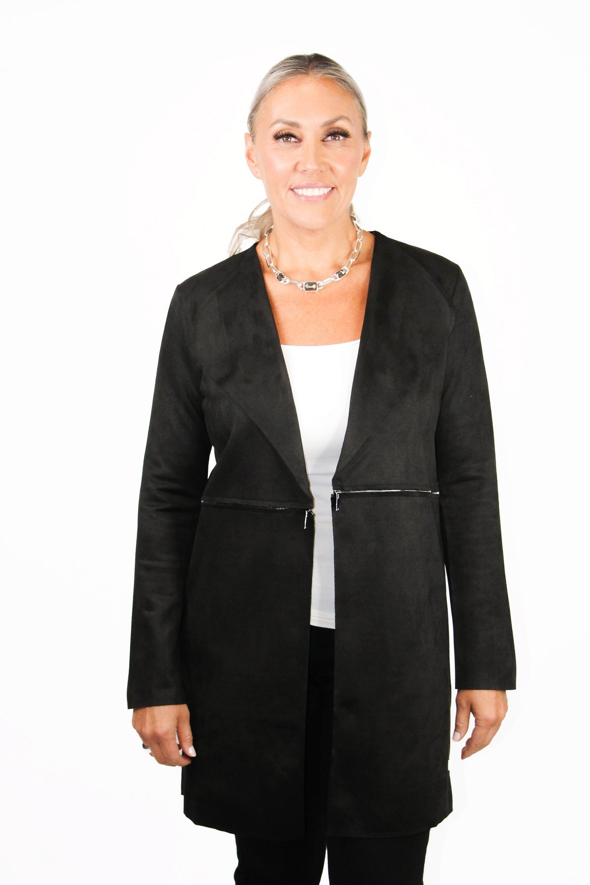 Faux Suede Open Front Jacket w/ Zipper Accents