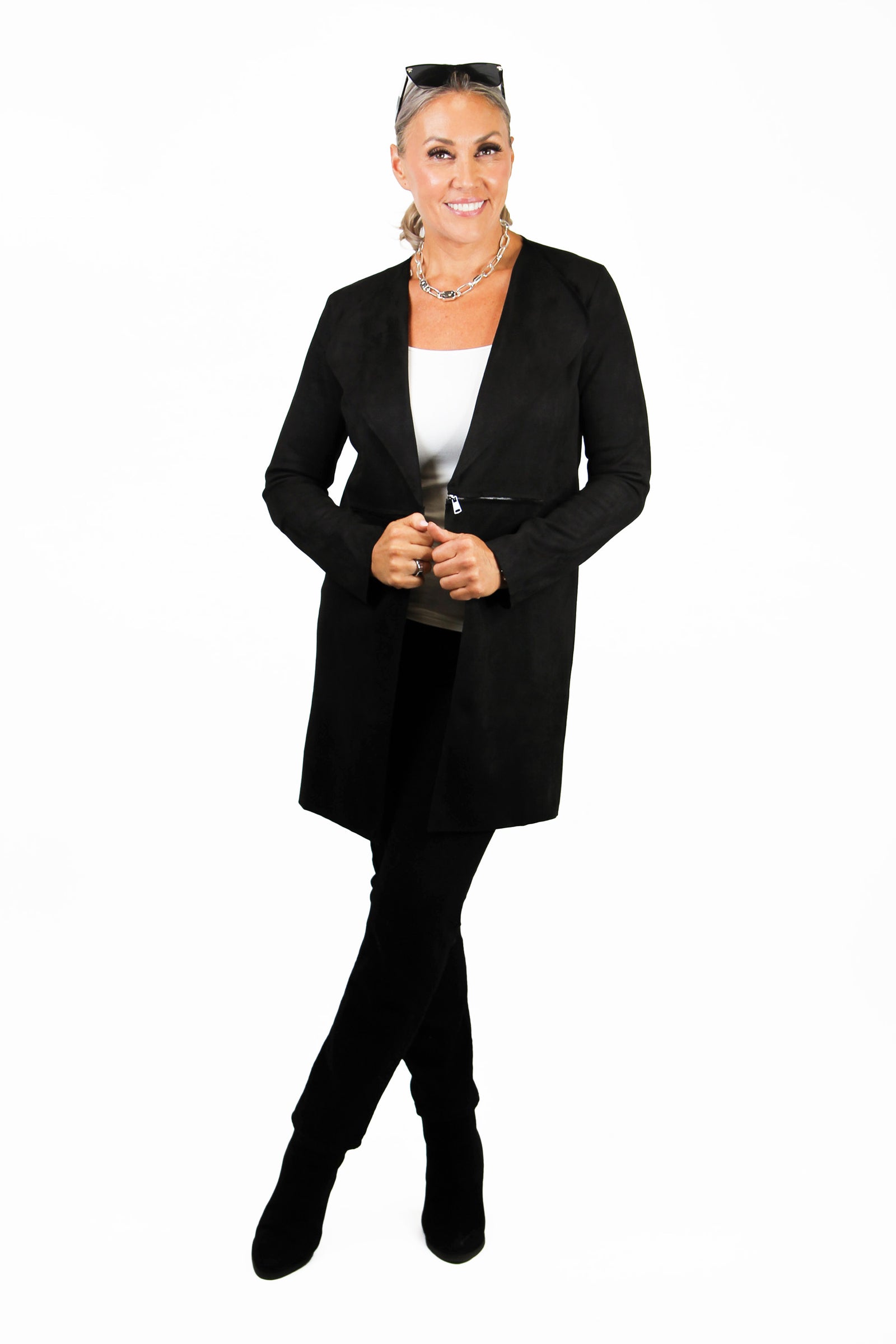 Faux Suede Open Front Jacket w/ Zipper Accents