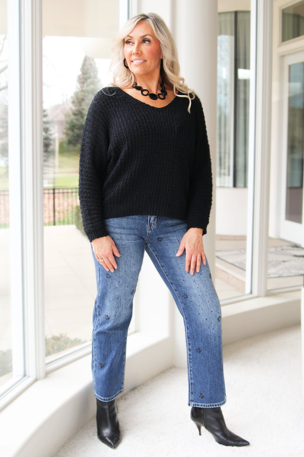 V-Neck Waffle Knit Long Sleeve Sweater