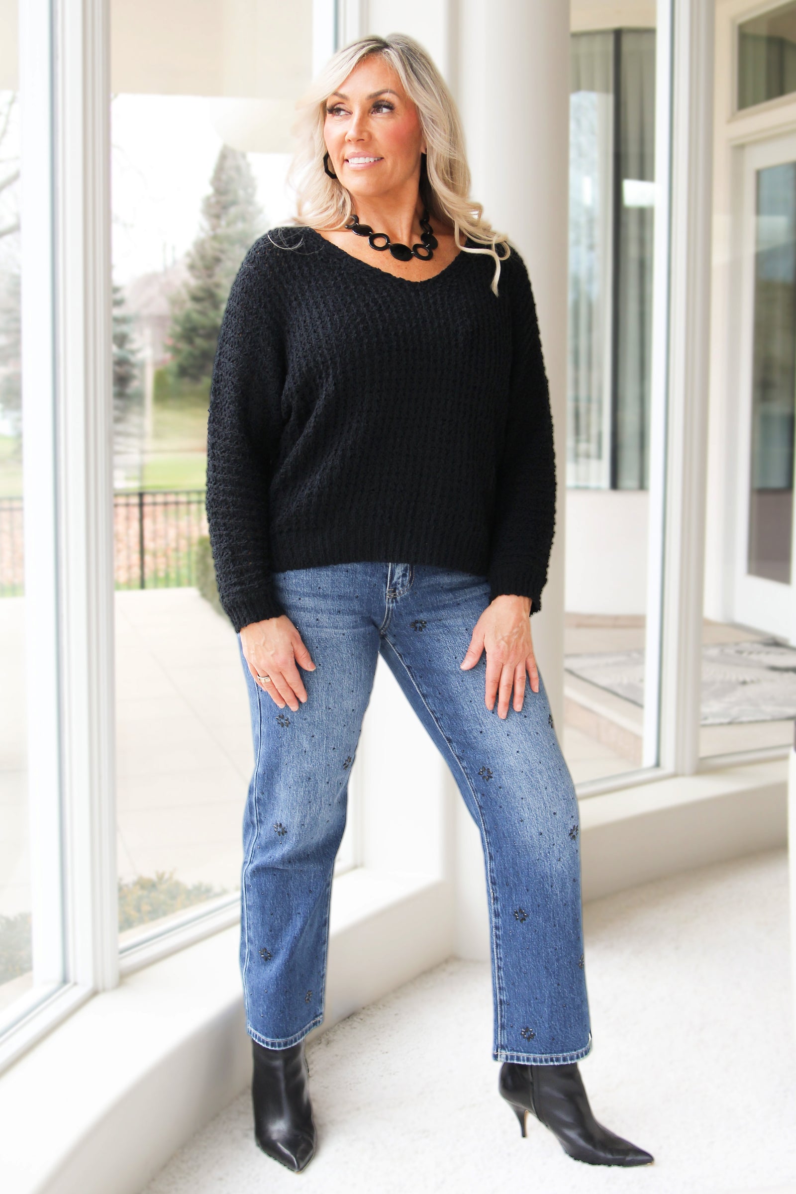 V-Neck Waffle Knit Long Sleeve Sweater