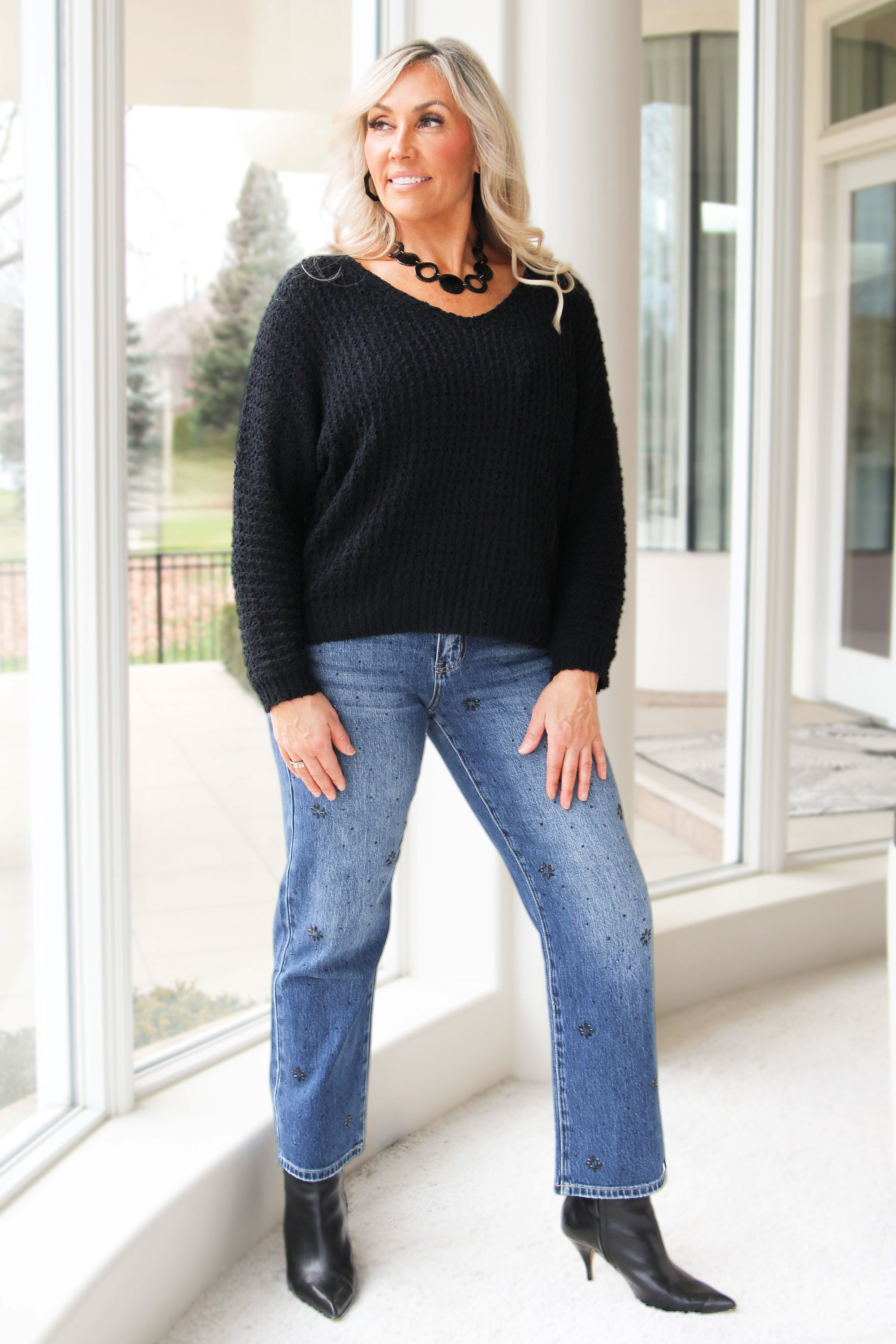 V-Neck Waffle Knit Long Sleeve Sweater
