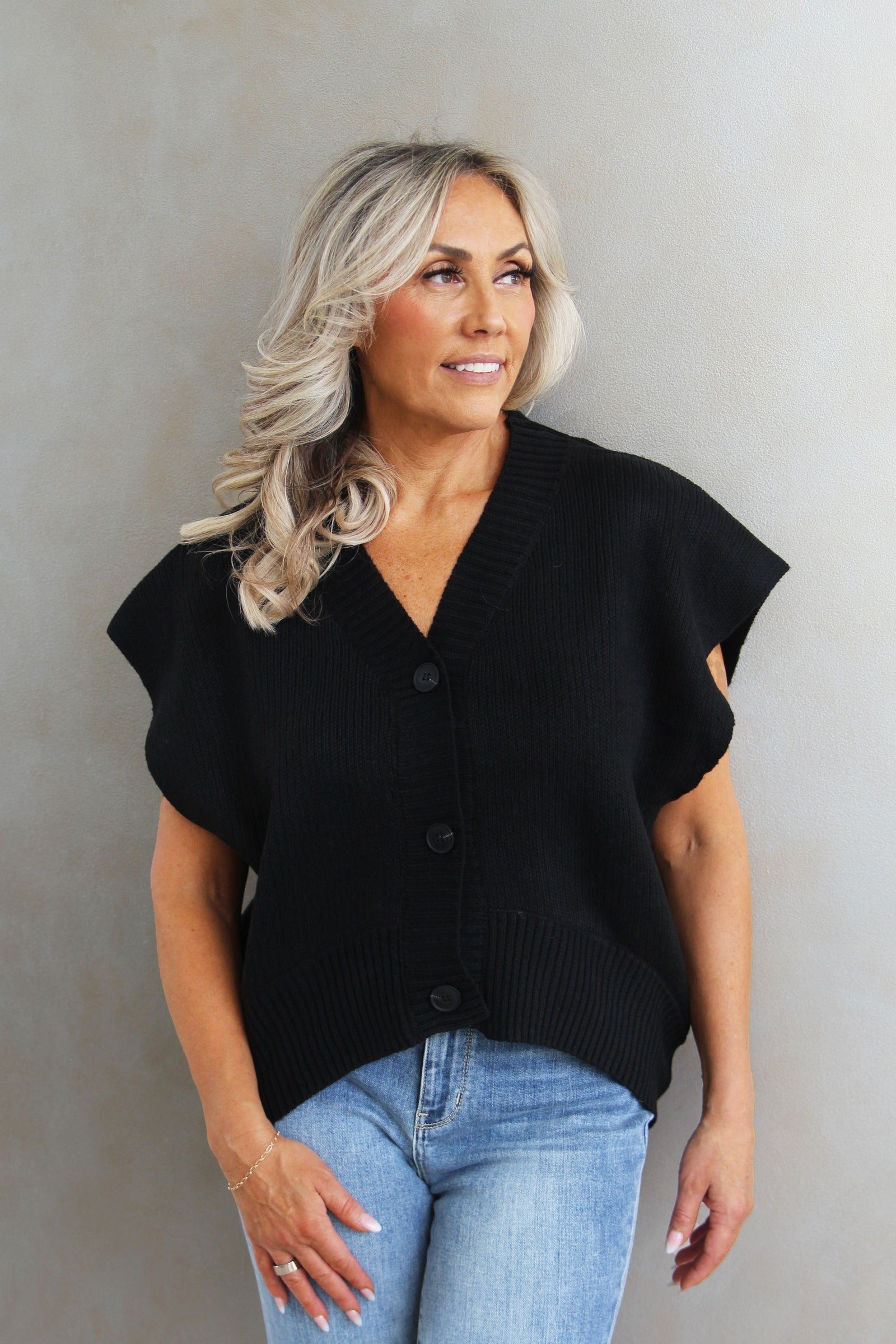 Oversized Sleeveless Knit Cardigan w/ Ribbed Trim