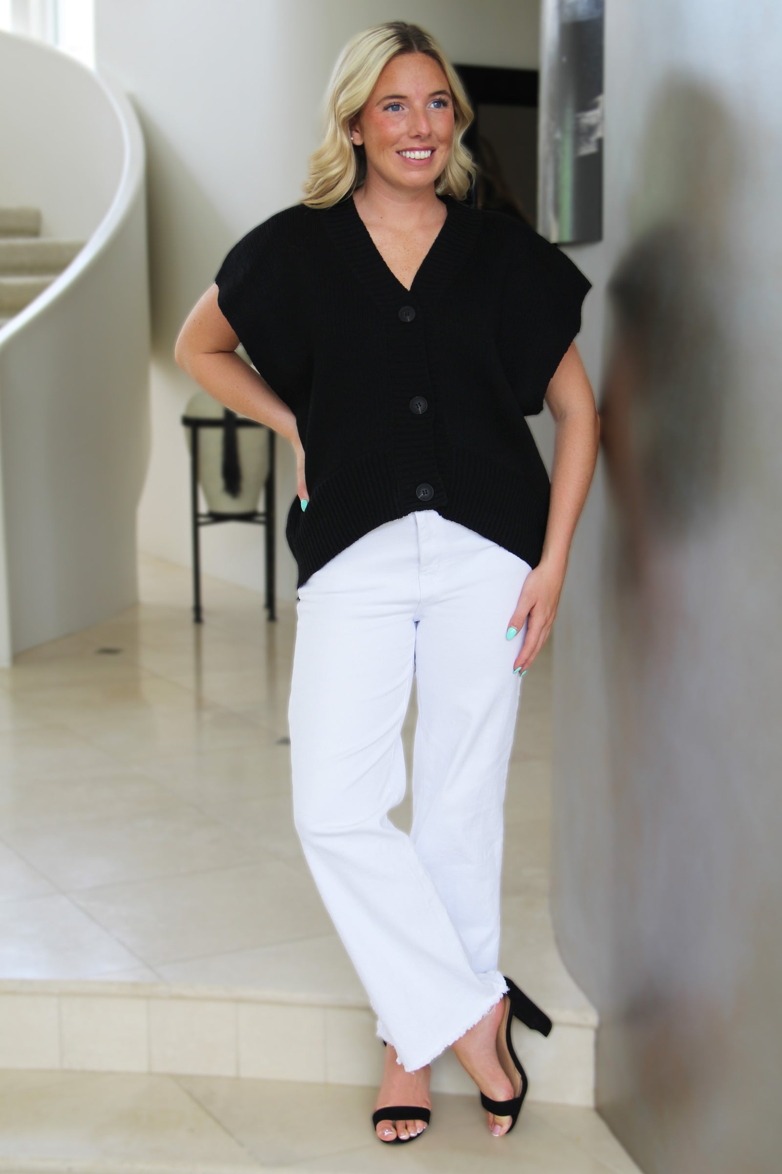 Oversized Sleeveless Knit Cardigan w/ Ribbed Trim
