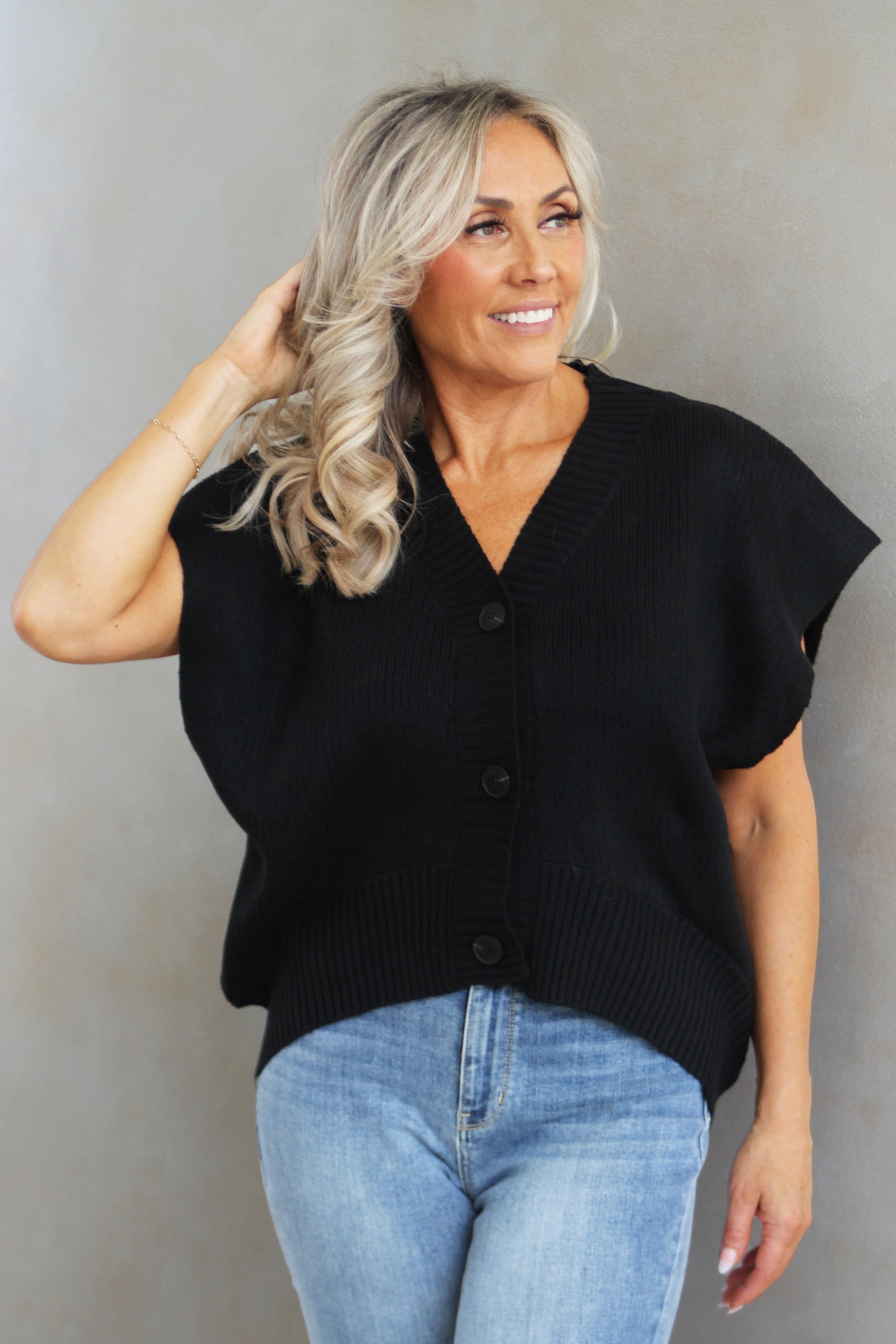 Oversized Sleeveless Knit Cardigan w/ Ribbed Trim