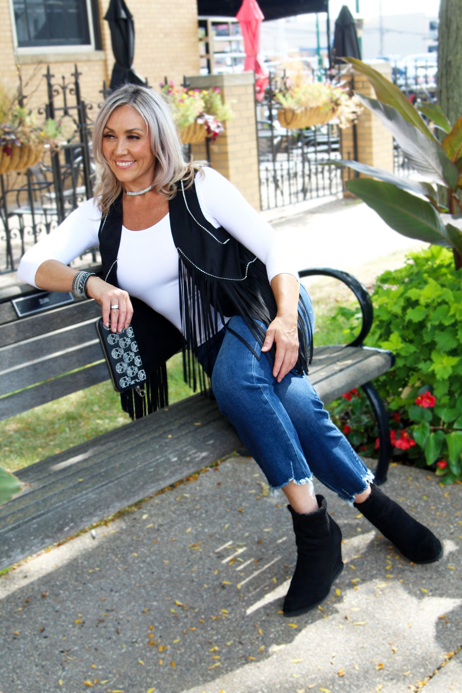 Suede Fringe Vest w/ Rhinestone Detail