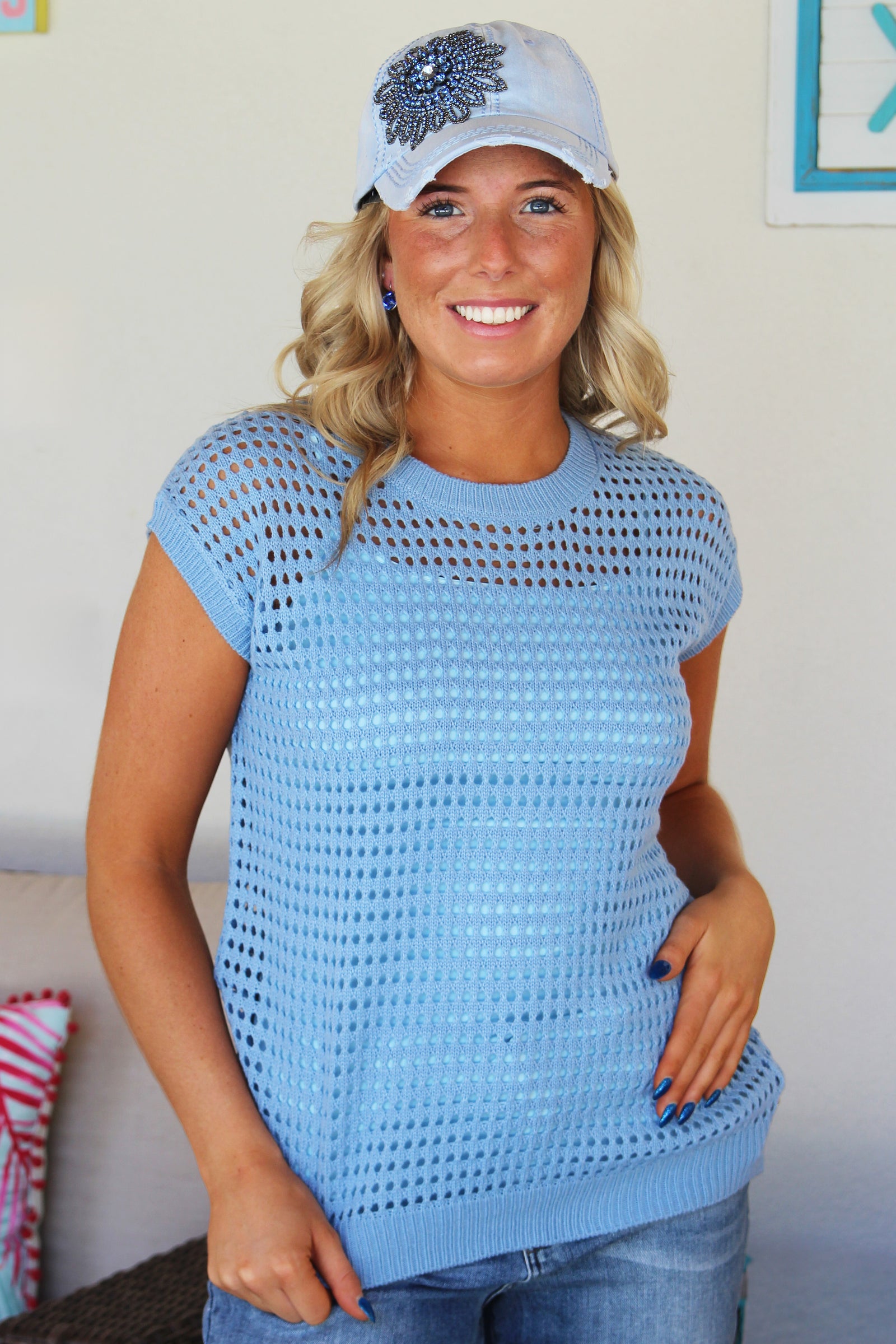 Open Knit Sleeveless Sweater Top