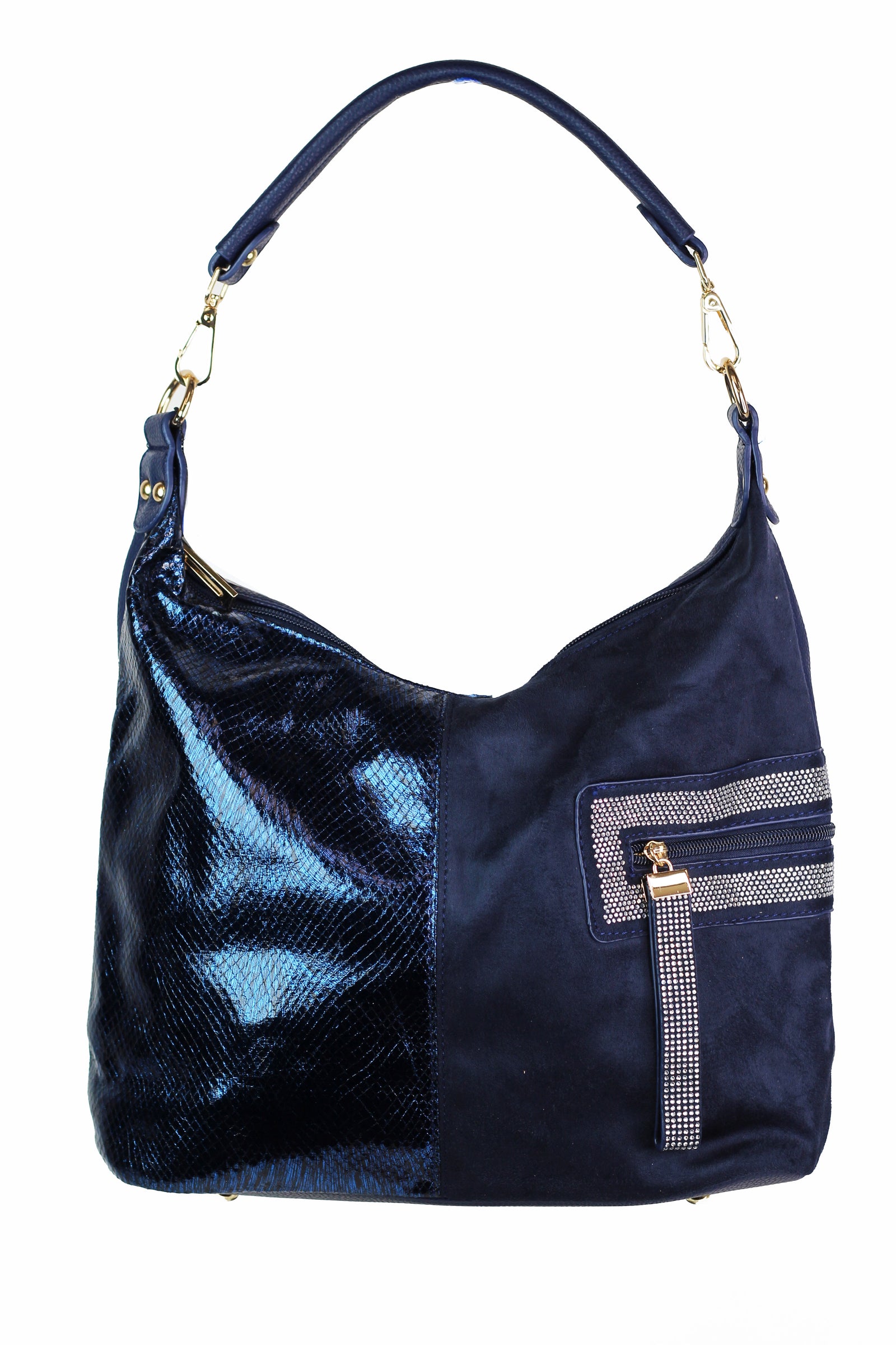 One Handle Faux Snakeskin & Faux Suede Purse w/ Rhinestone Accents