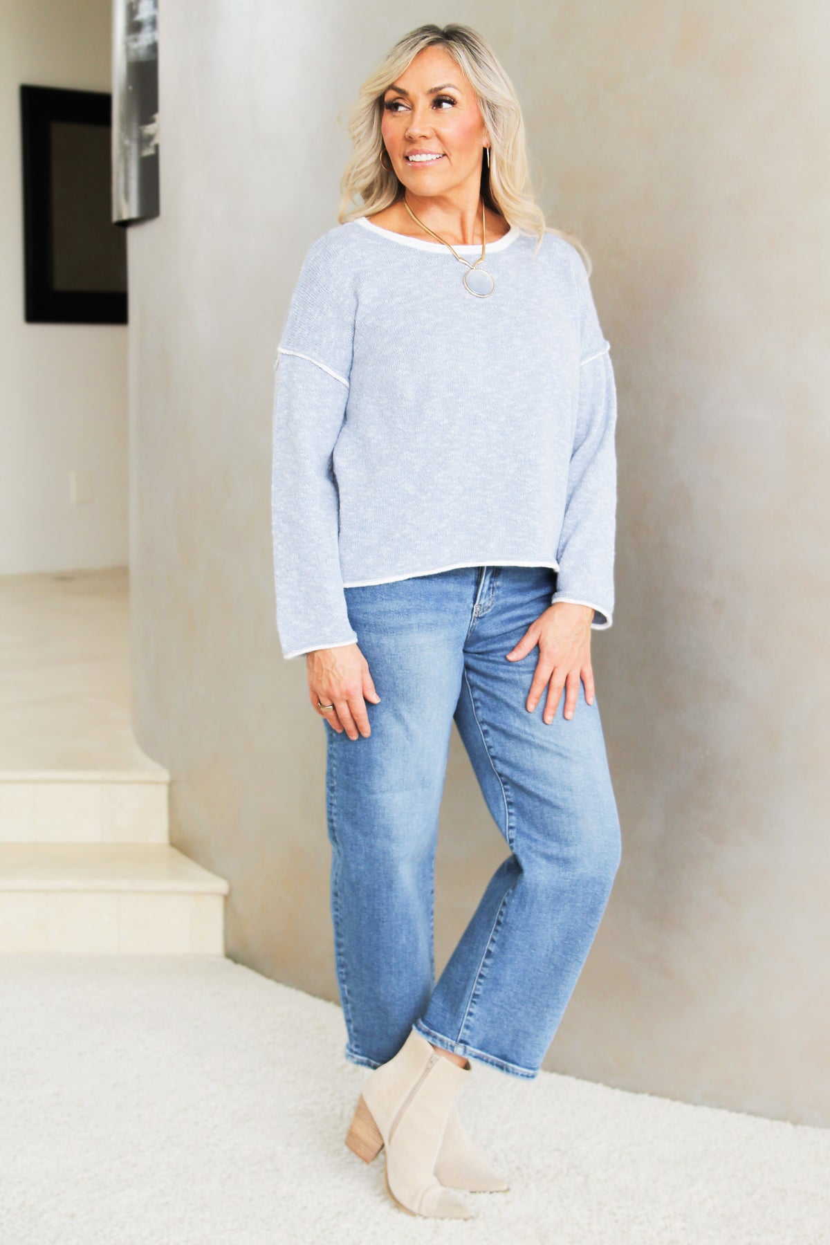 Long Sleeve Round Neck White Trim Cozy Knit Sweater