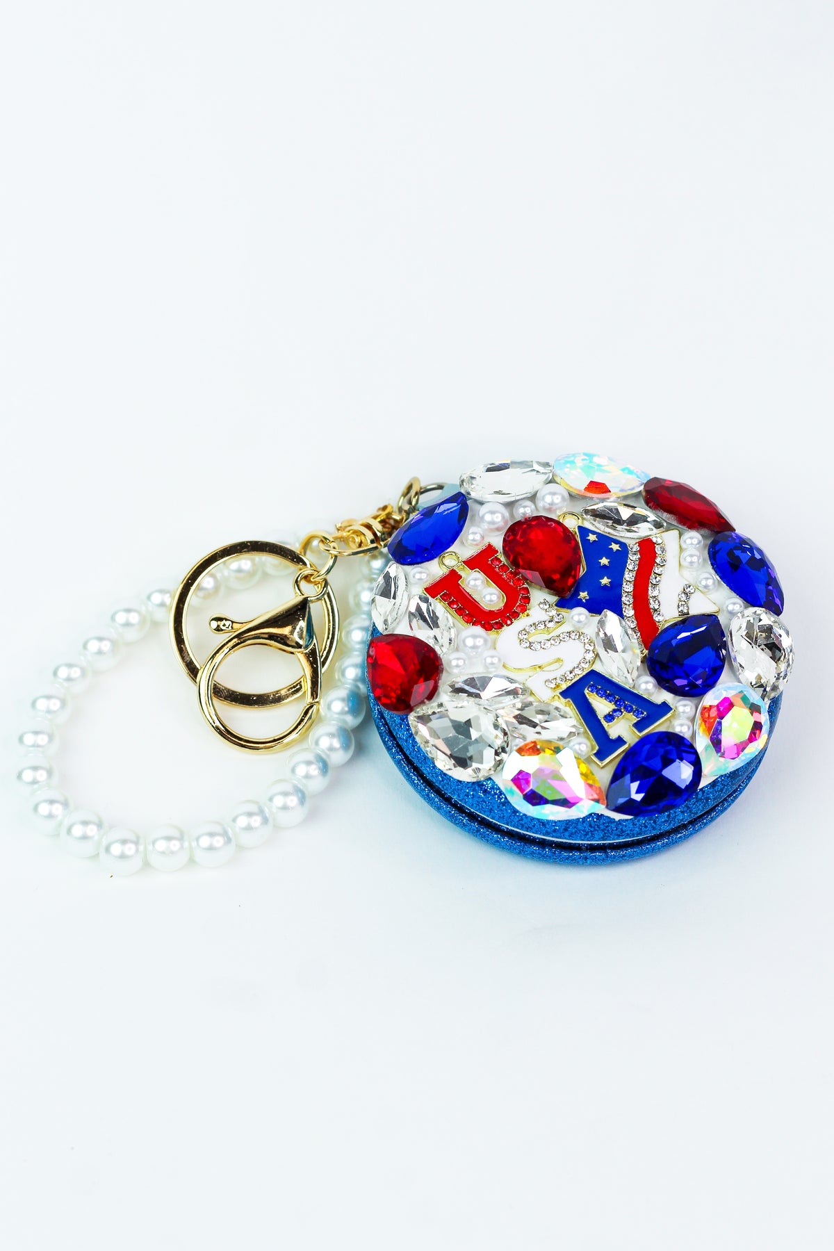 USA Rhinestone & Pearl Mirror Compact Wristlet Keychain