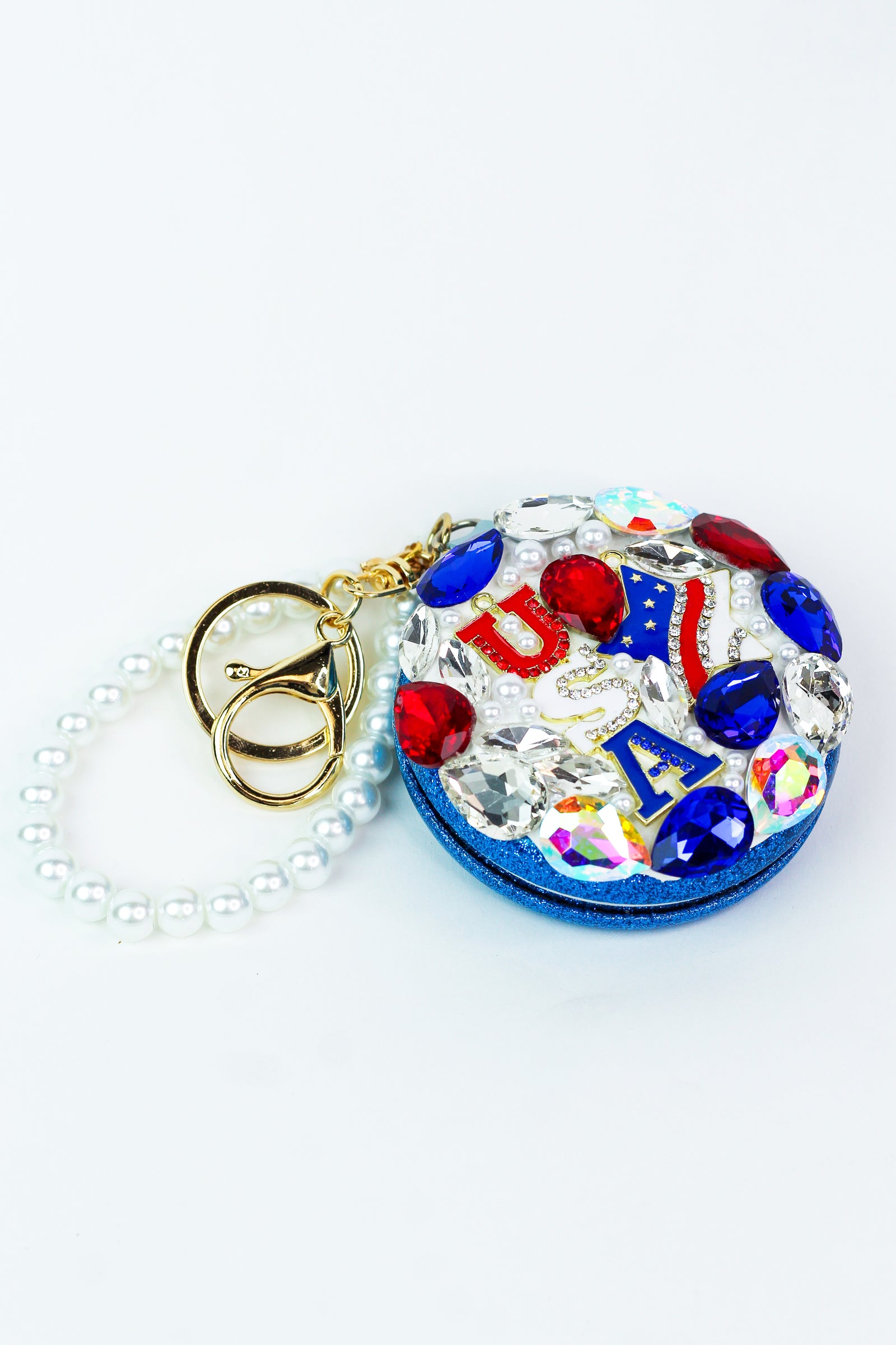 USA Rhinestone & Pearl Mirror Compact Wristlet Keychain