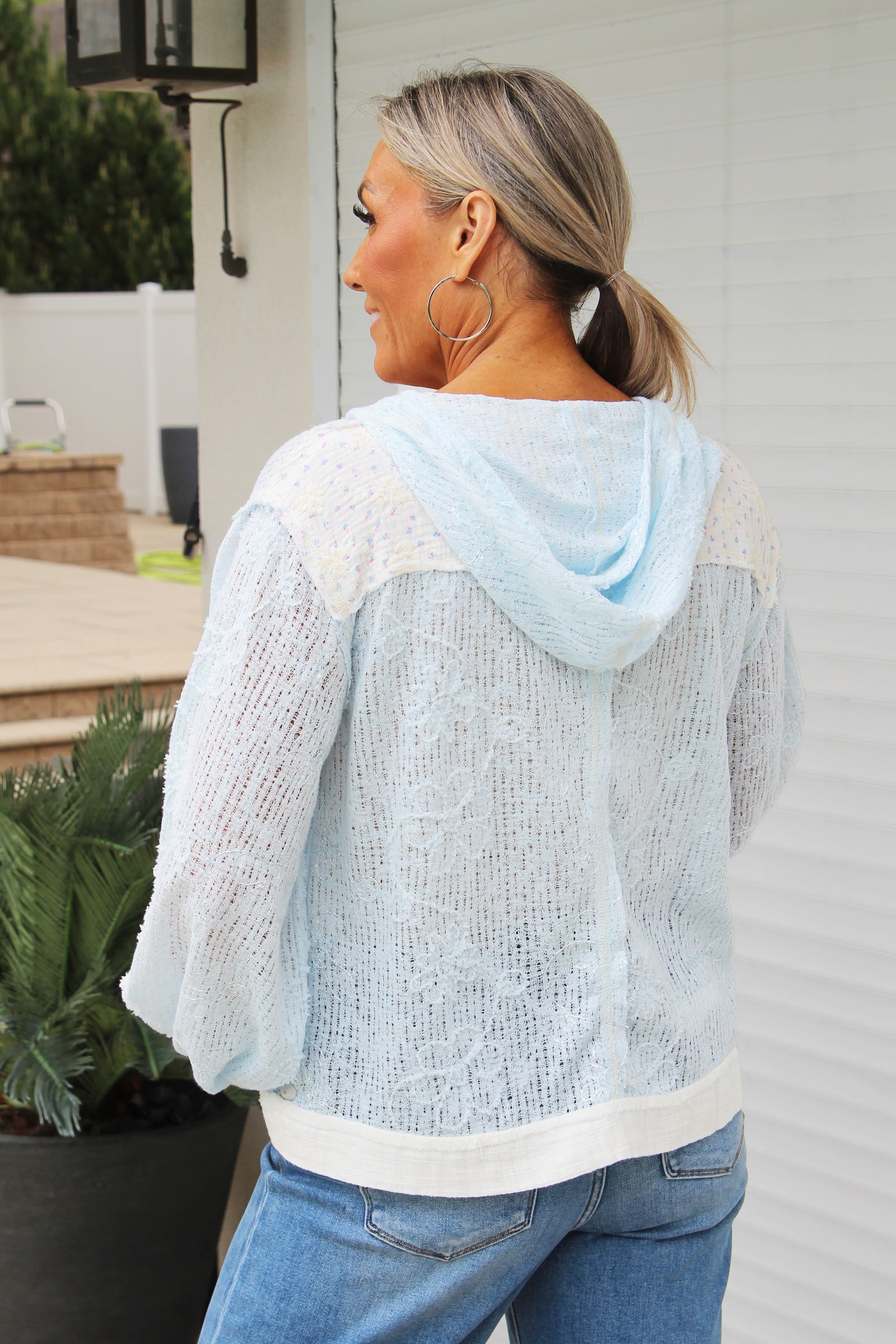 Semi Sheer Knit Hoodie w/ Fabric Pockets & Trim and Sequin Accents