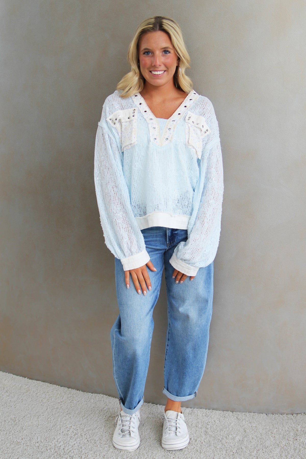 Semi Sheer Knit Hoodie w/ Fabric Pockets & Trim and Sequin Accents