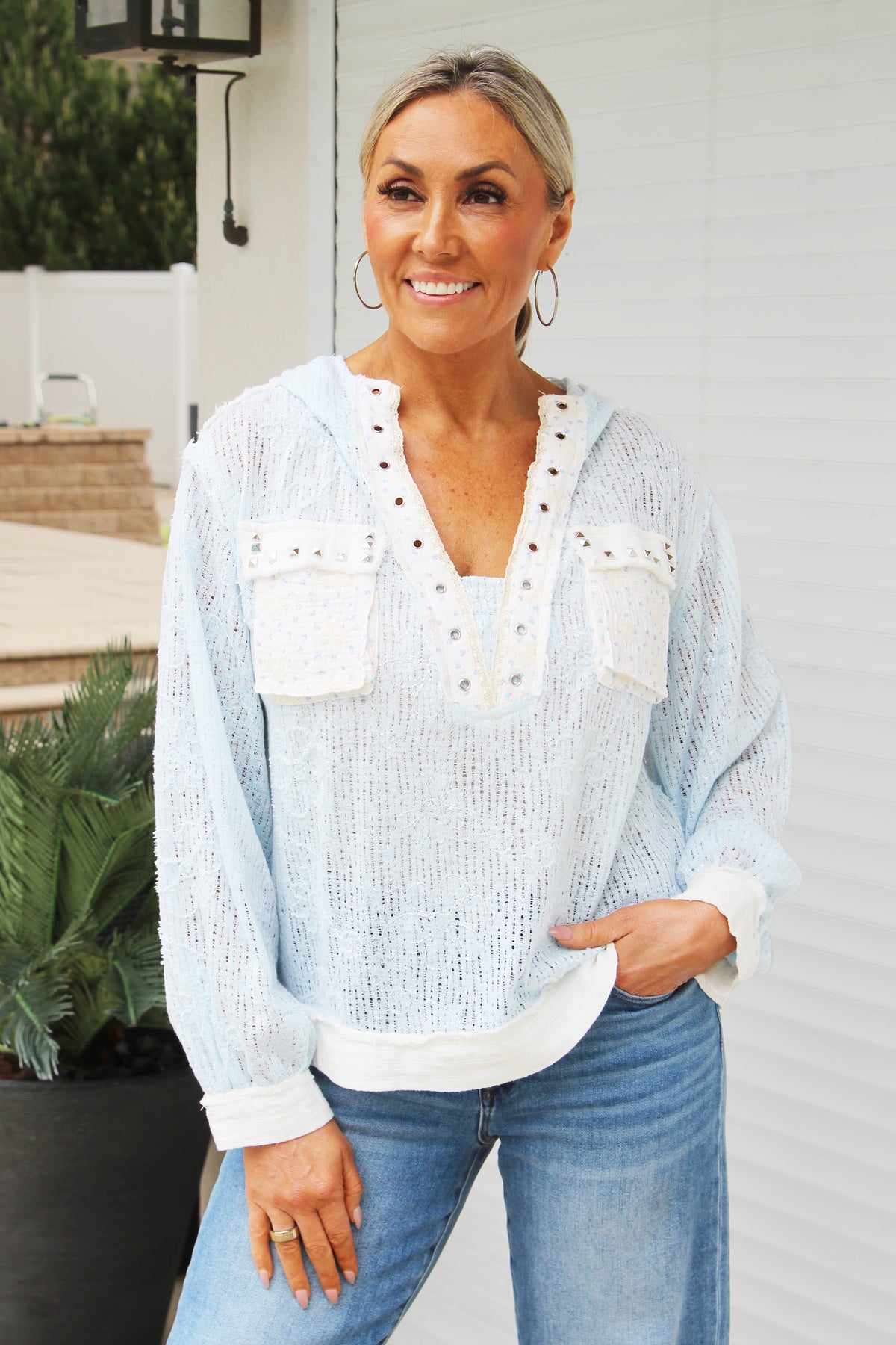 Semi Sheer Knit Hoodie w/ Fabric Pockets &amp; Trim and Sequin Accents