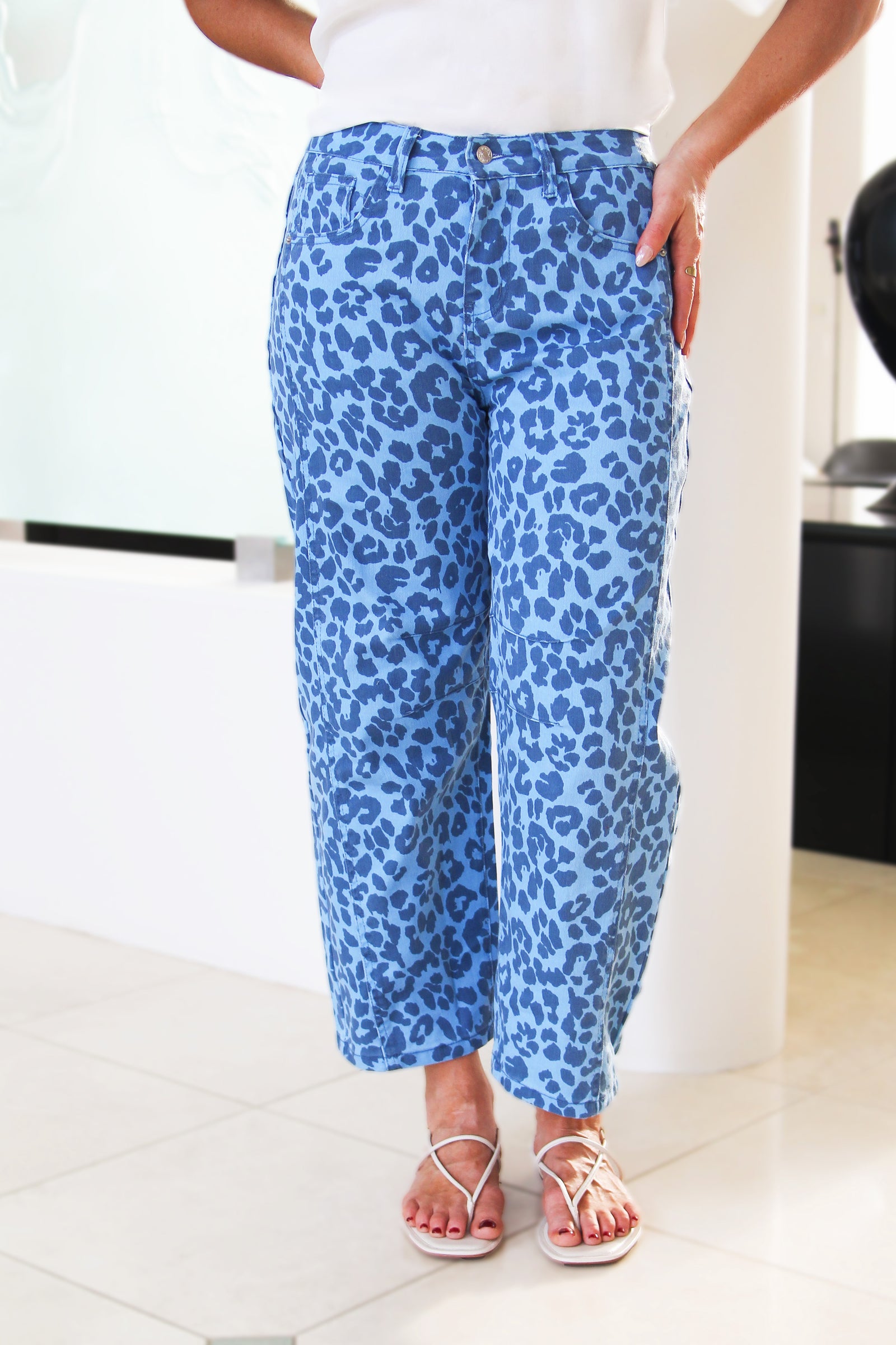 High Waisted Leopard Print Barrel Jeans