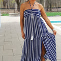 Floral Stripe Bandeau Maxi Dress w/ Neck Ties and Front Slit