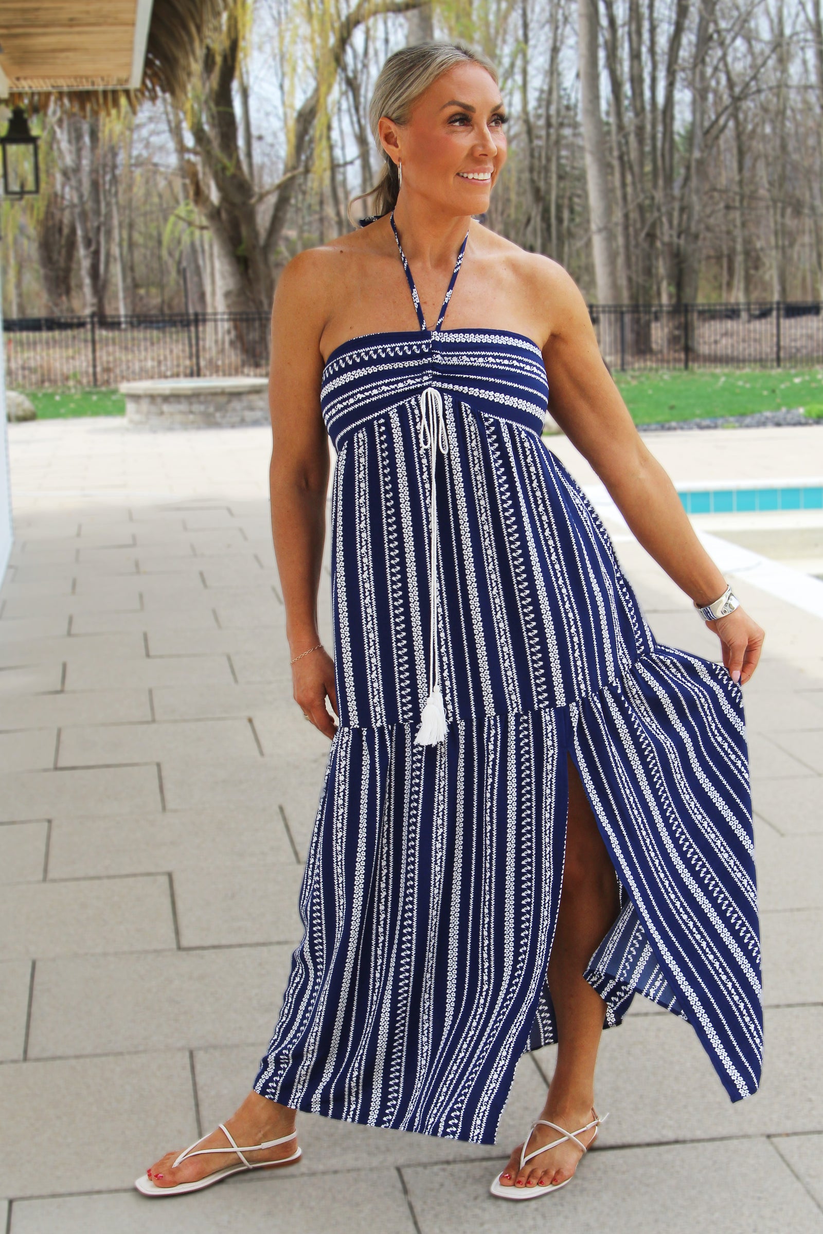 Floral Stripe Bandeau Maxi Dress w/ Neck Ties and Front Slit
