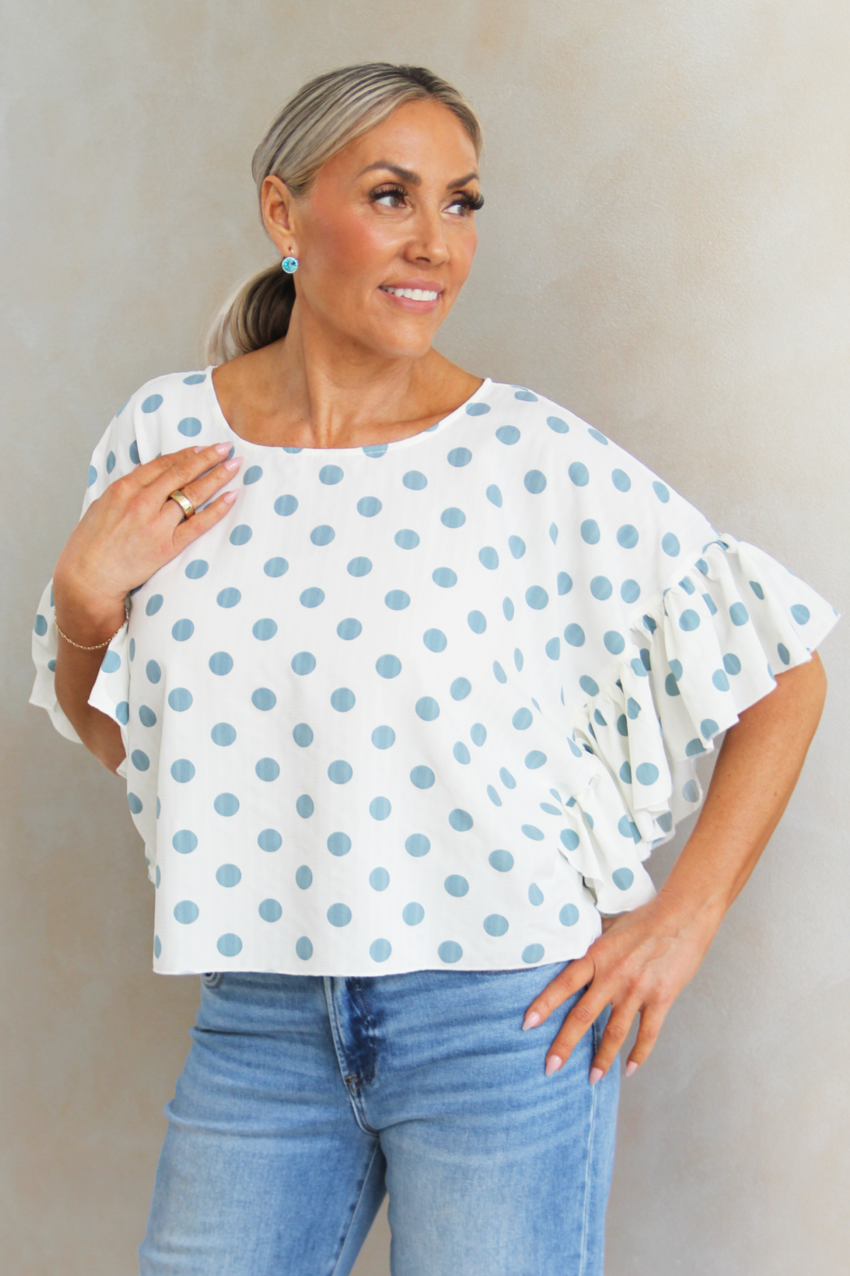 Boxy Polka Dot Top w/ Ruffle Sleeves