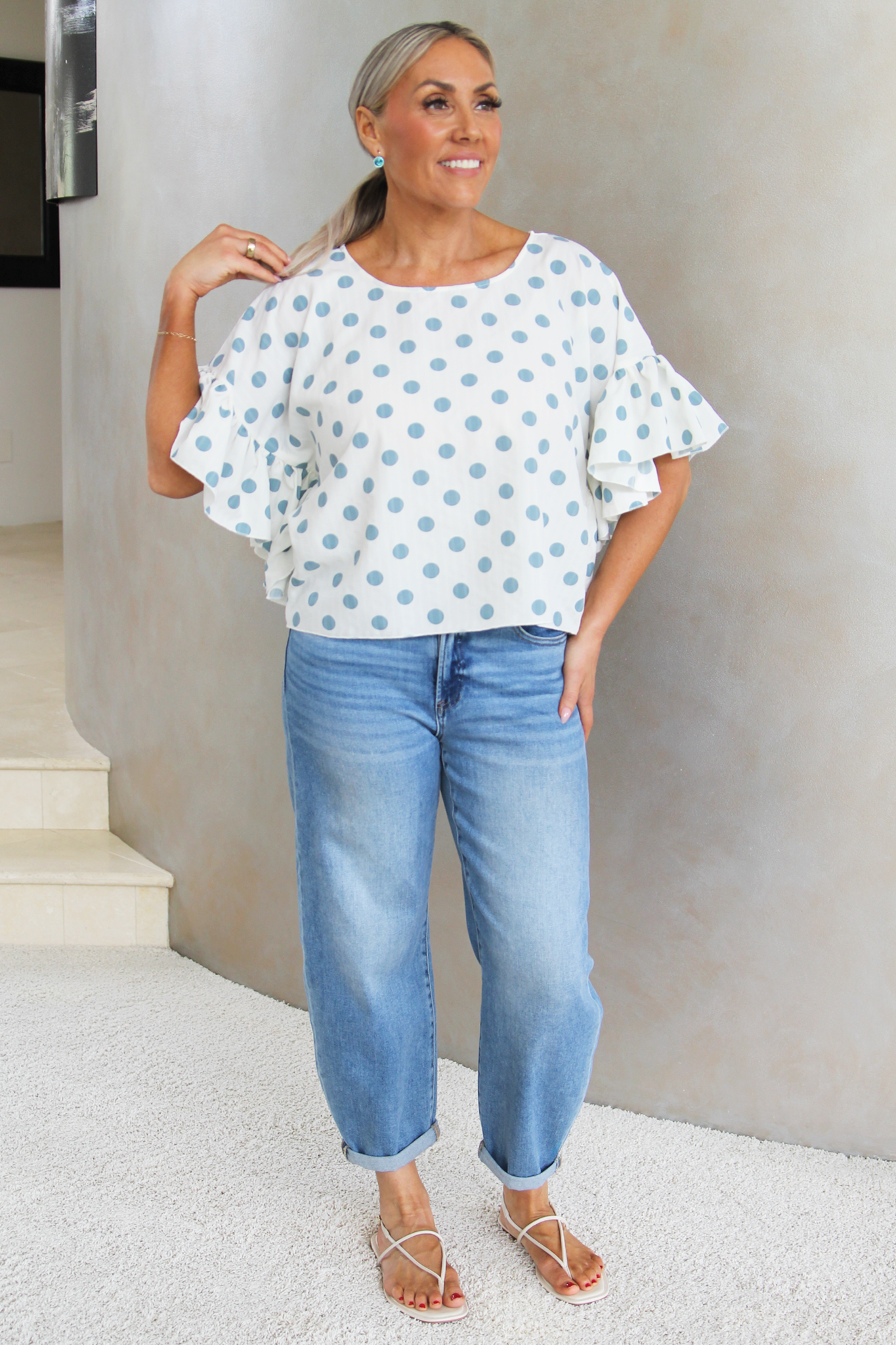 Boxy Polka Dot Top w/ Ruffle Sleeves