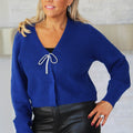 Ribbed Knit Cardigan w/ Rhinestone Tie Closure