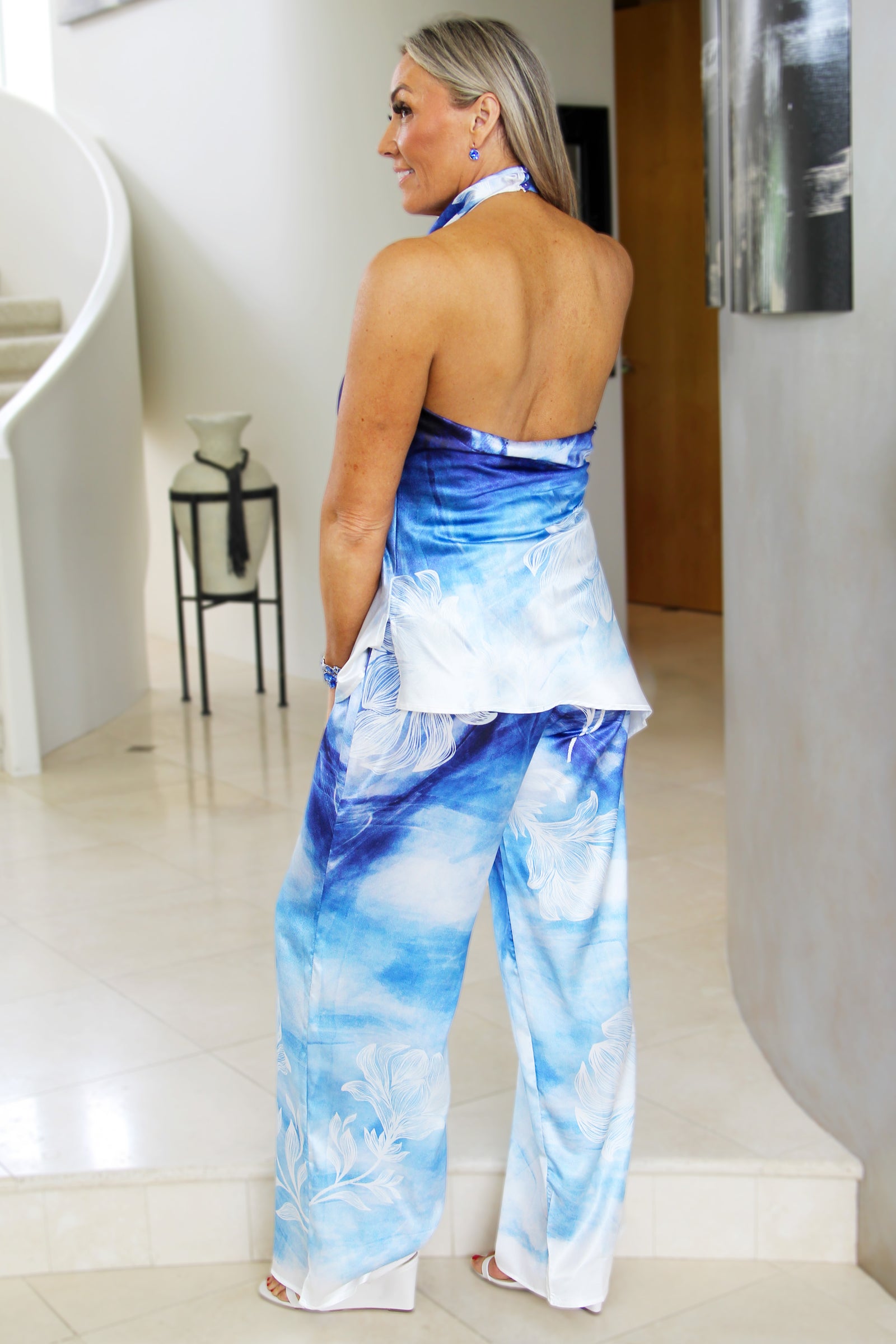 Tropical Print Silky Halter Top & Wide Leg Pant Set