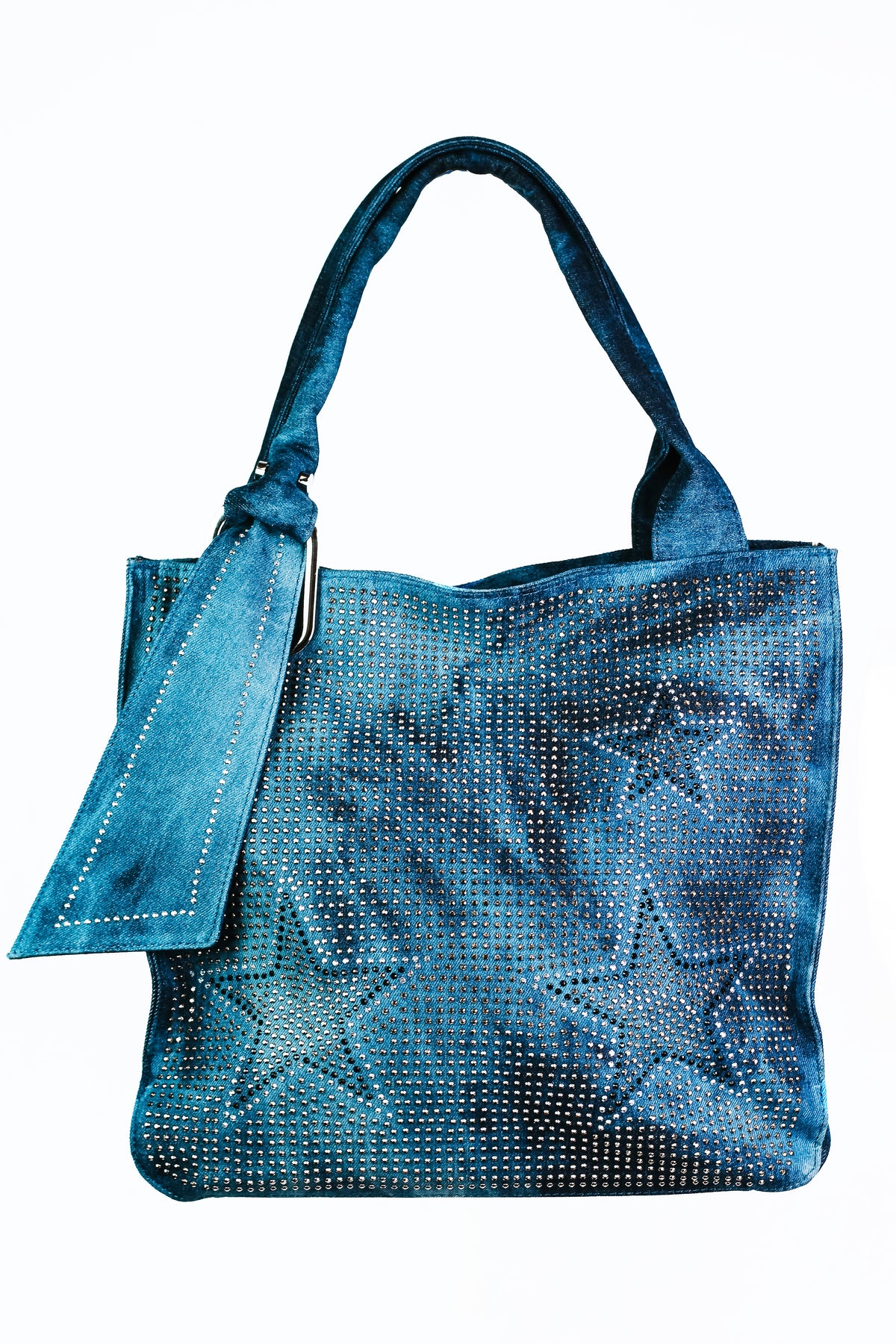 Denim Purse w/ Rhinestone Stars on Front w/ Handle Sash