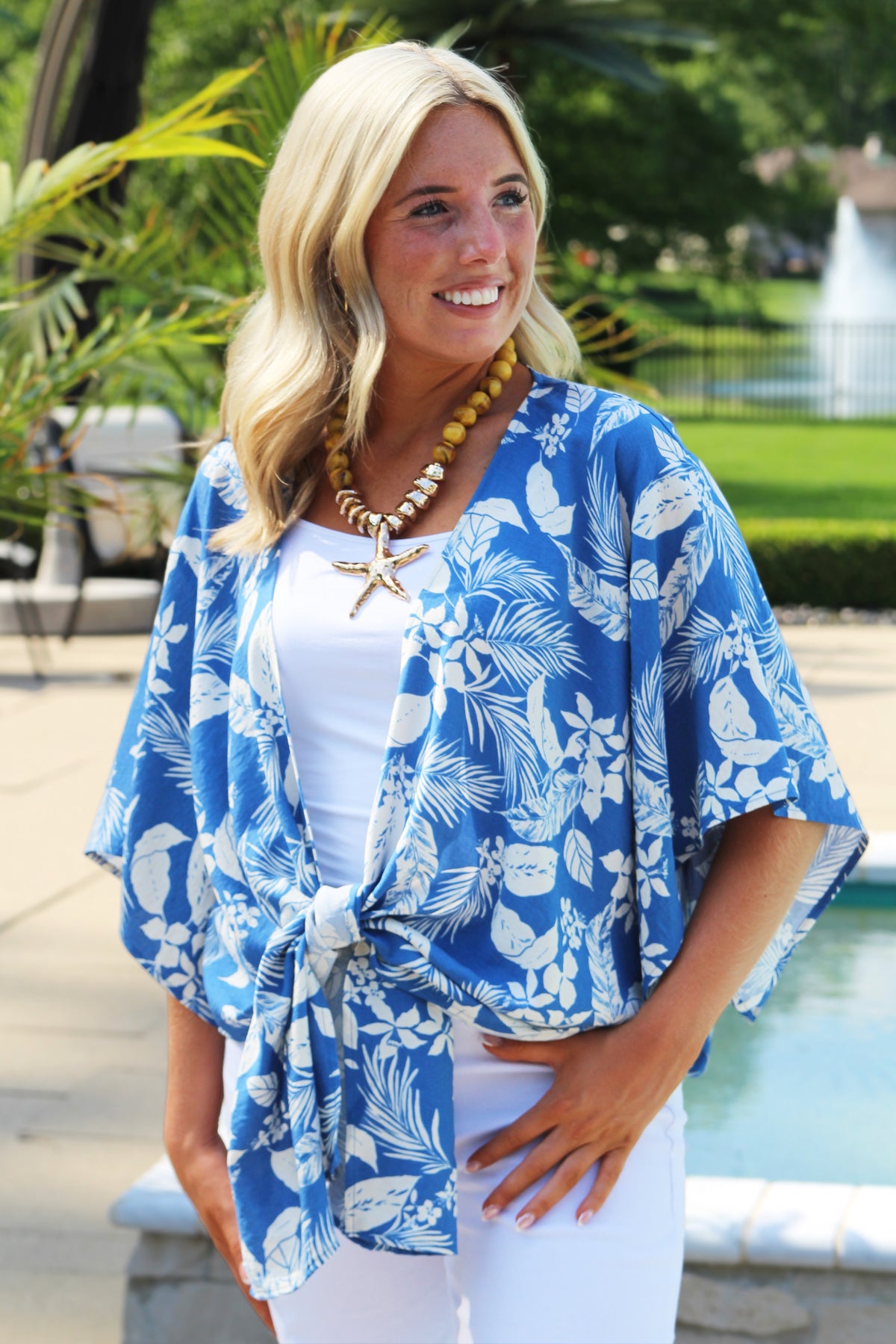 Tropical Leaf Print Tie Front Kimono Cardigan