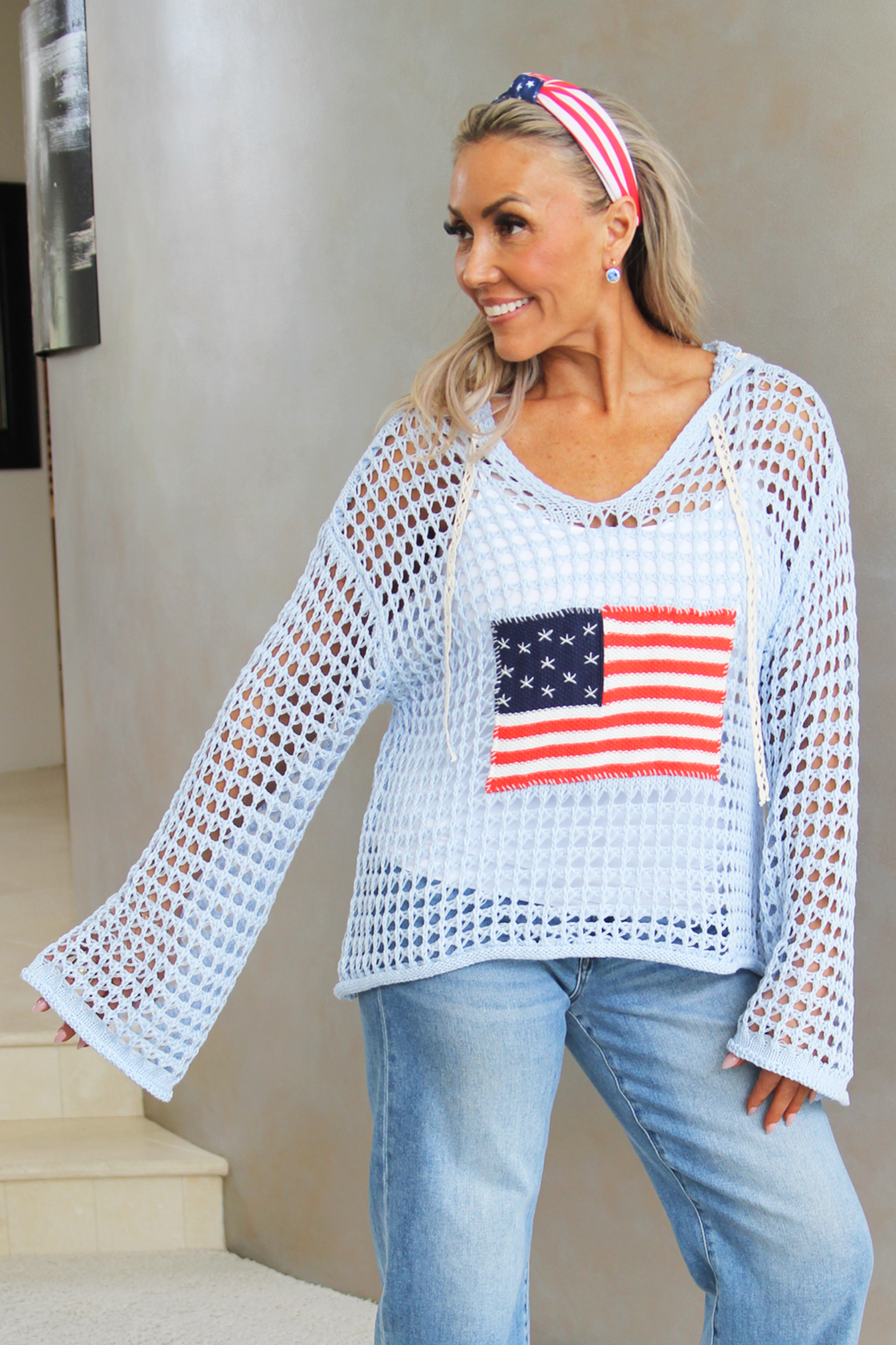 Open Knit Hoodie w/ USA Flag Center