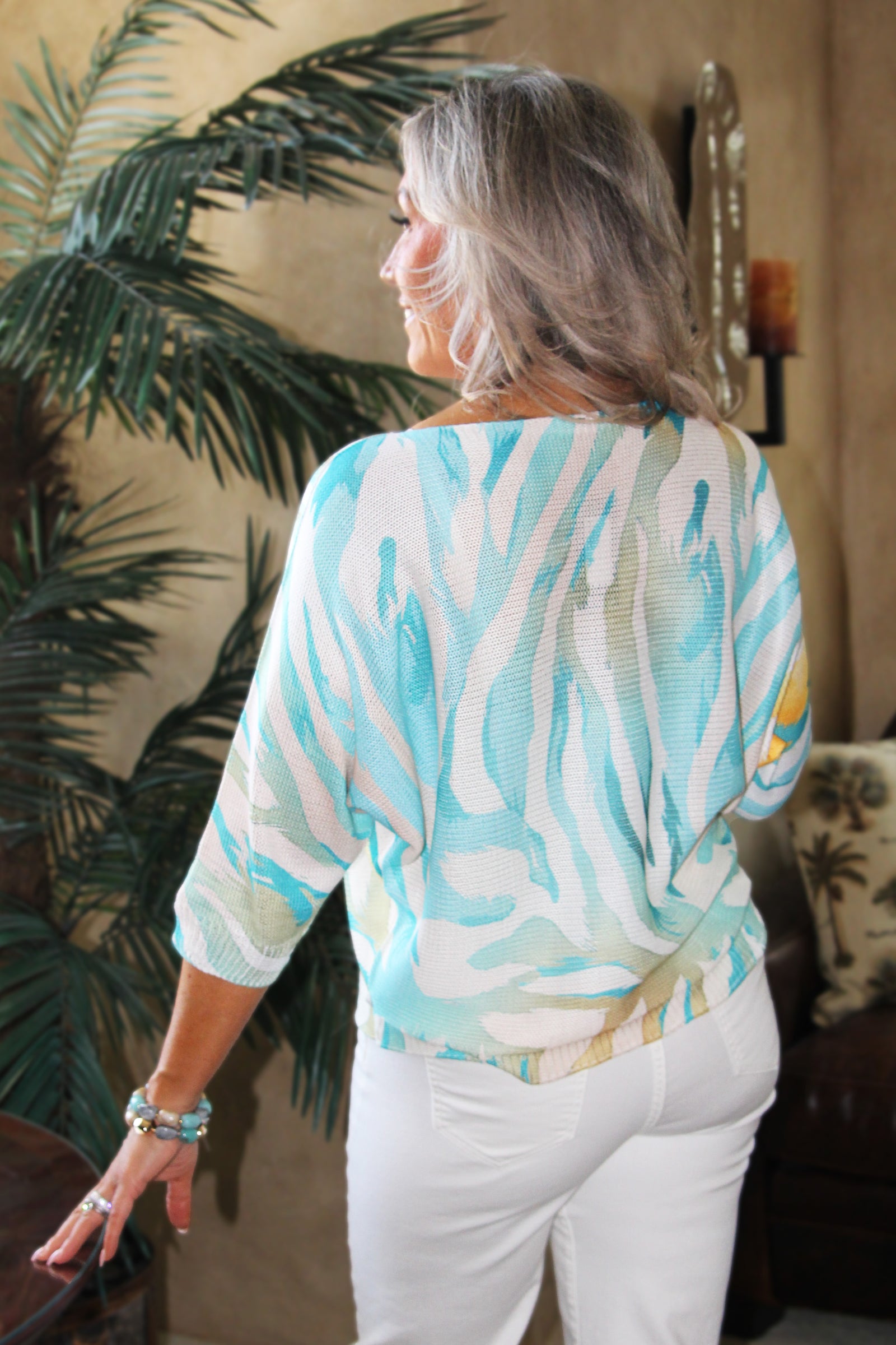 Tiger Print Short Sleeve Italian Knit Sweater w/ Gold Foil Accents