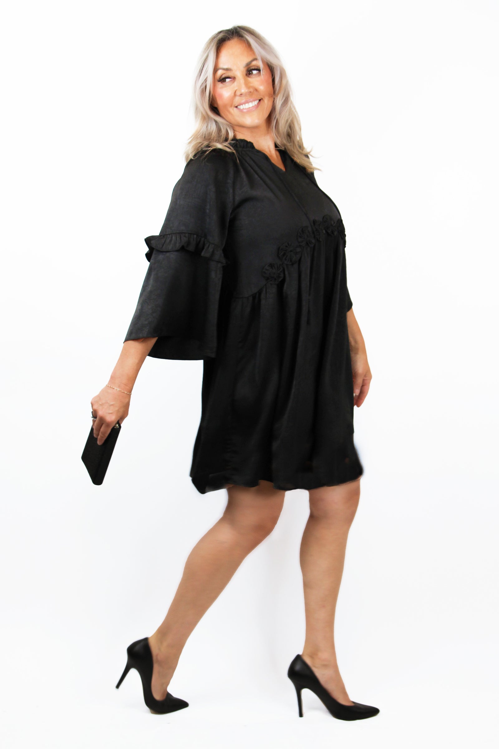 Tassel Neck Tie Bell Sleeve Ruffle & Rosette Detail