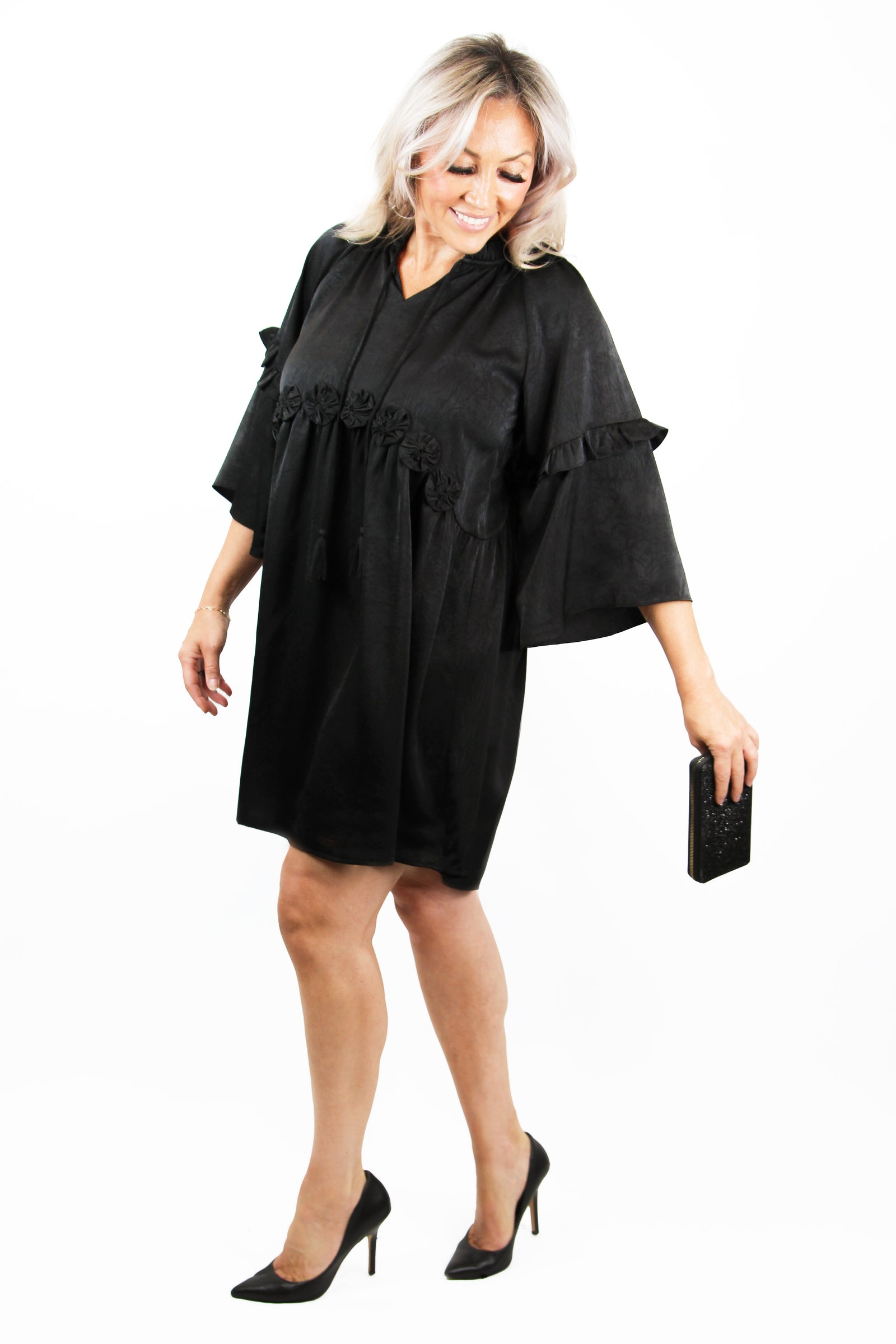 Tassel Neck Tie Bell Sleeve Ruffle & Rosette Detail