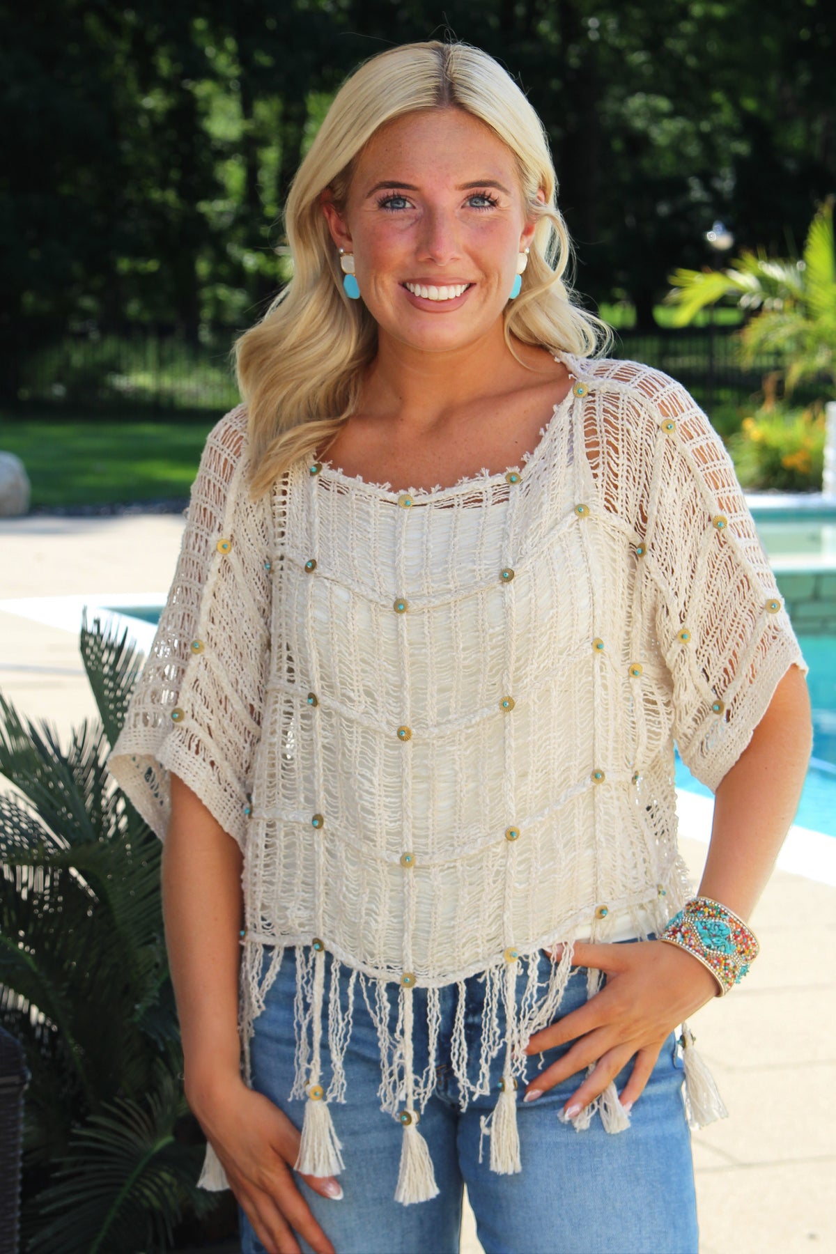 Open Knit Short Sleeve Boho Top w/ Bead &amp; Tassel Trim