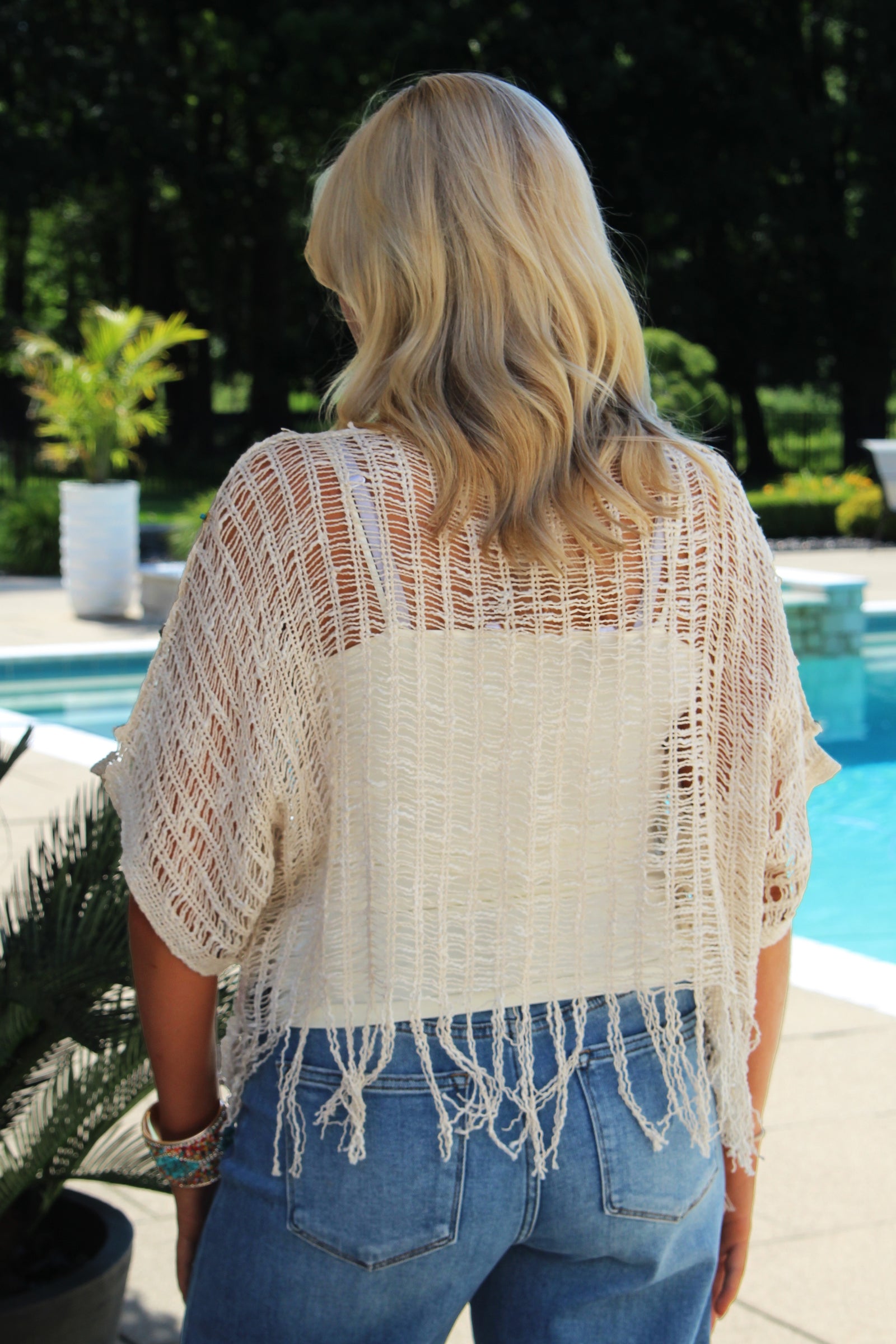 Open Knit Short Sleeve Boho Top w/ Bead & Tassel Trim