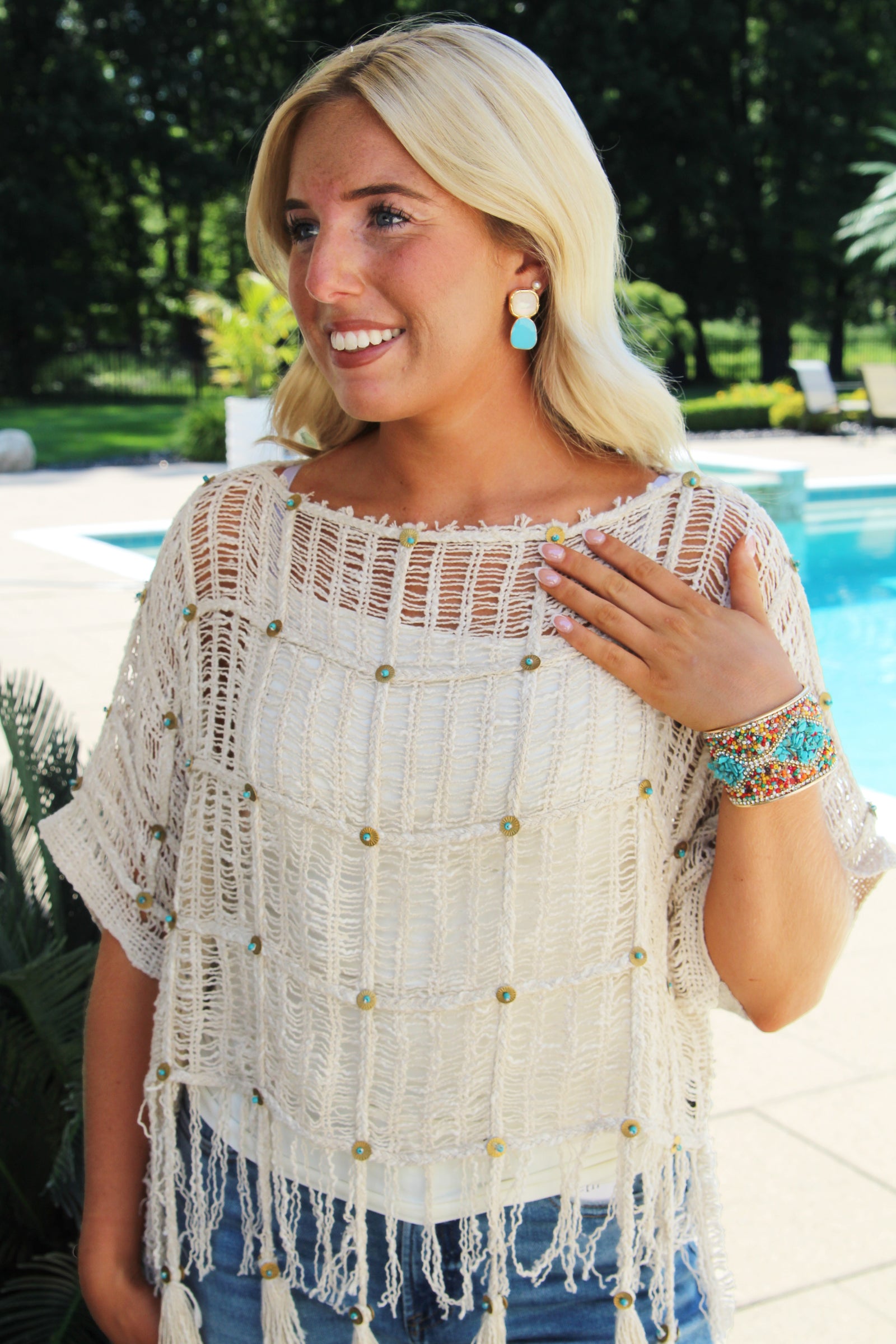 Open Knit Short Sleeve Boho Top w/ Bead & Tassel Trim