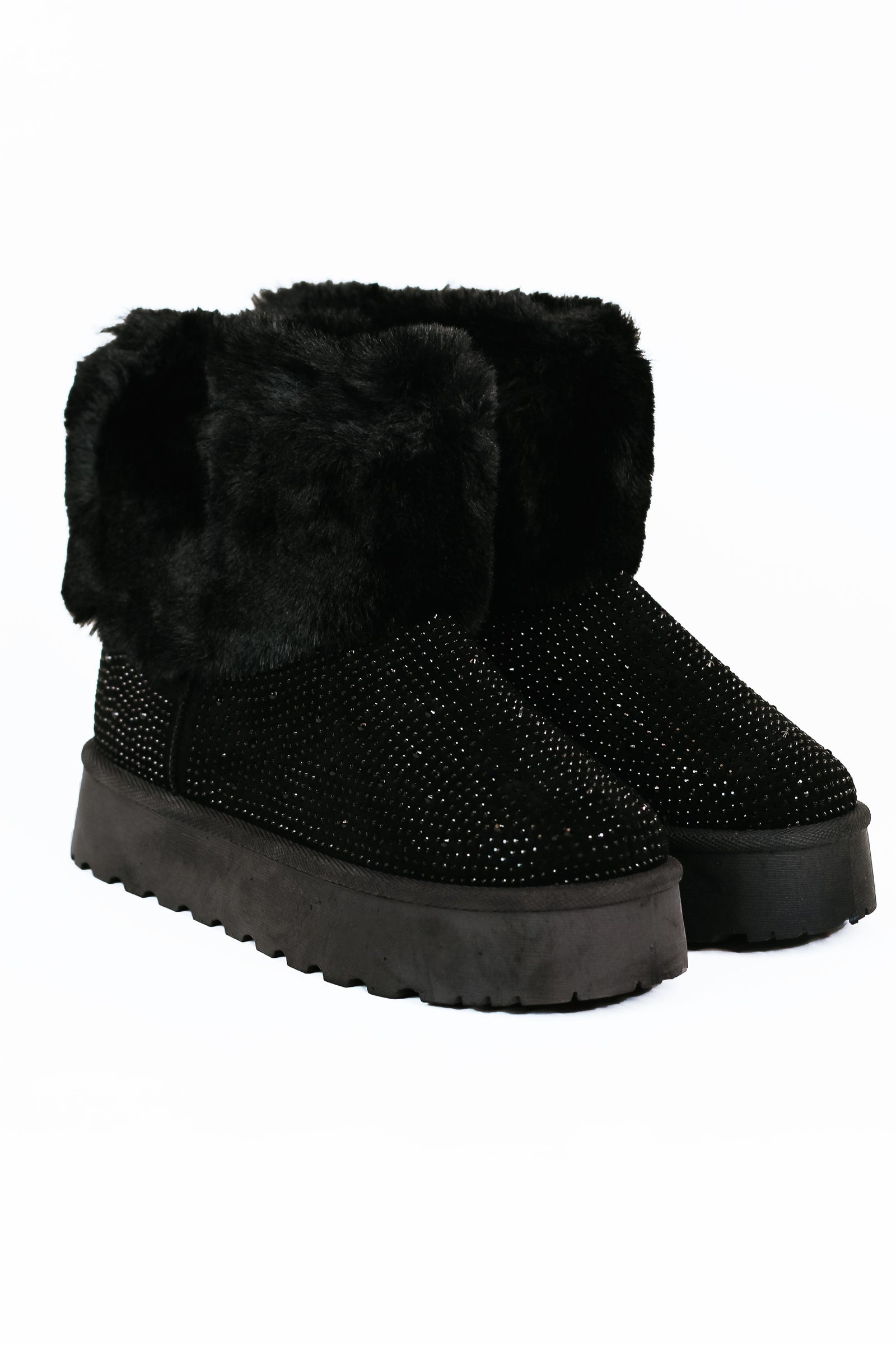 Black Studded Bootie w/ Fur Ankle