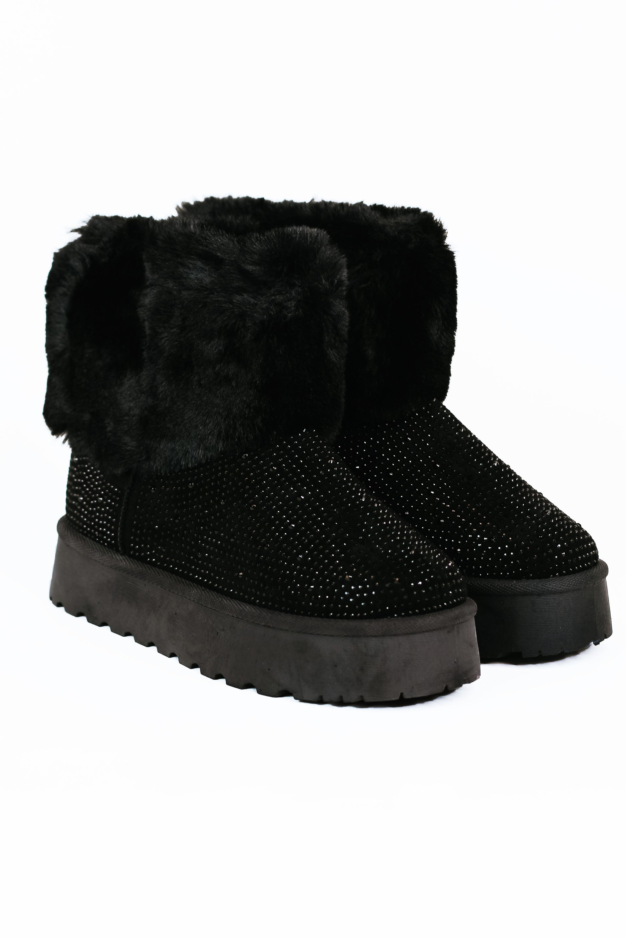 Black Studded Bootie w/ Fur Ankle
