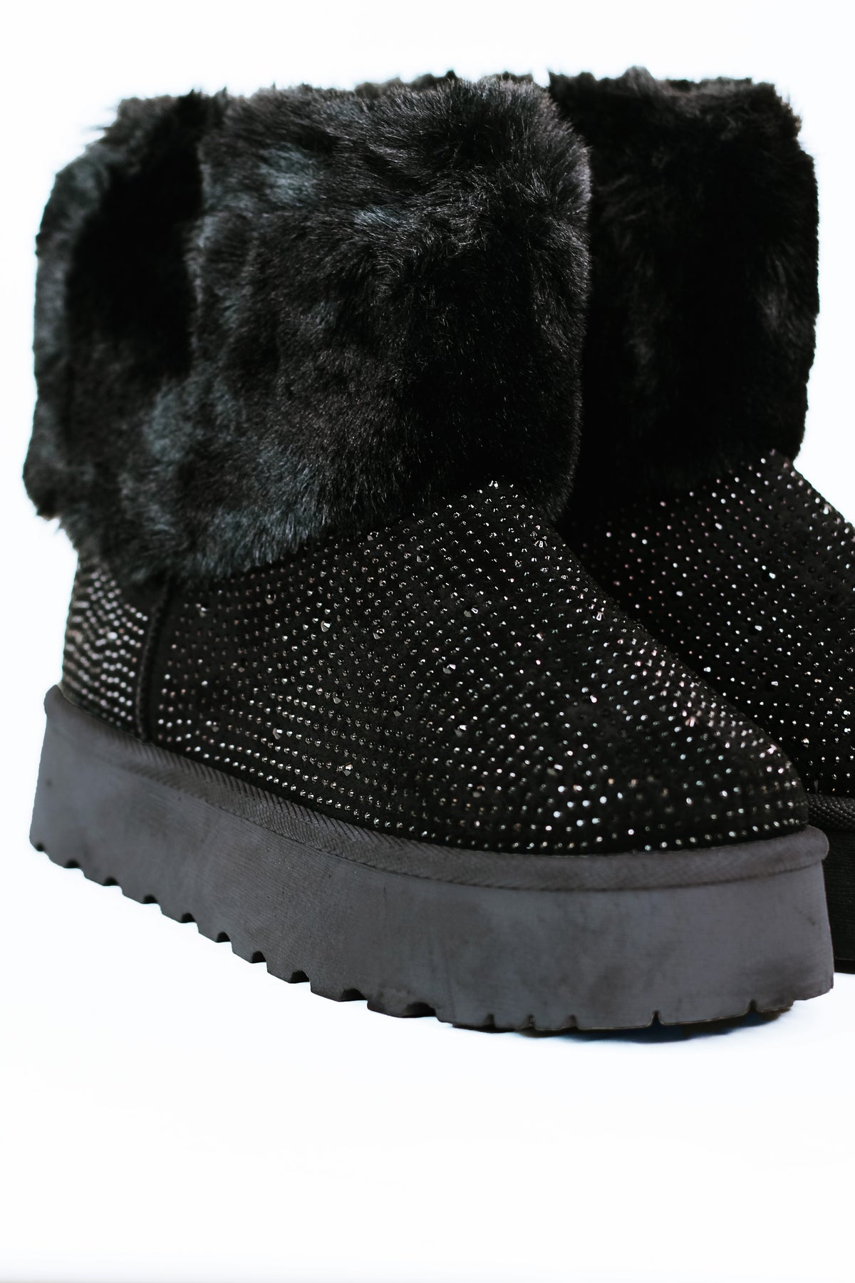 Black Studded Bootie w/ Fur Ankle