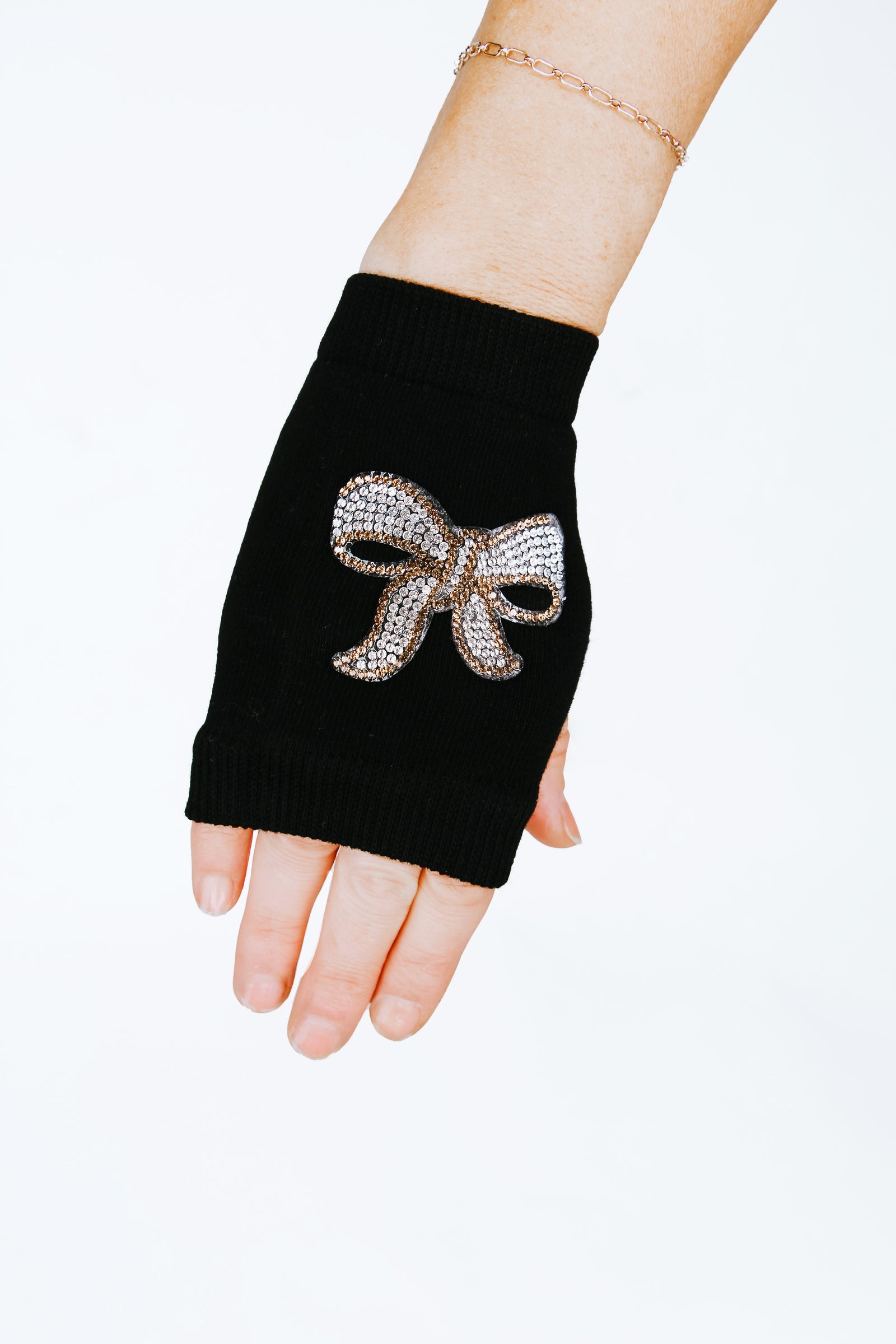 Rhinestone Bow Fingerless Gloves