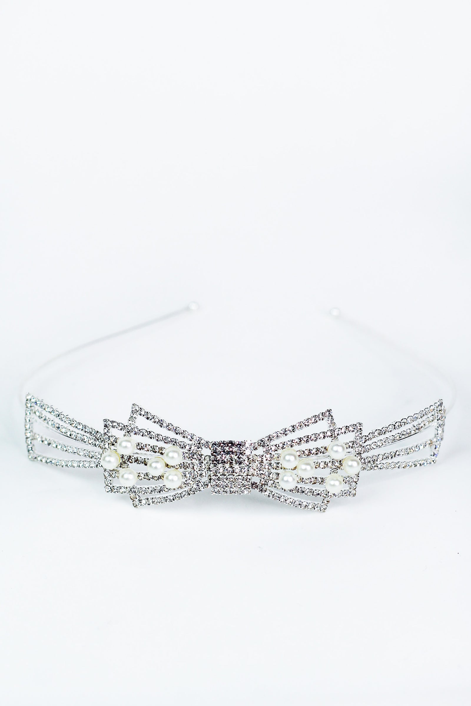 Large Open Rhinestone Bow Scatter Pearl Metal Headband - Glitz & Ears Boutique