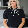 Bead & Rhinestone Bow Short Puff Sleeve Sweater
