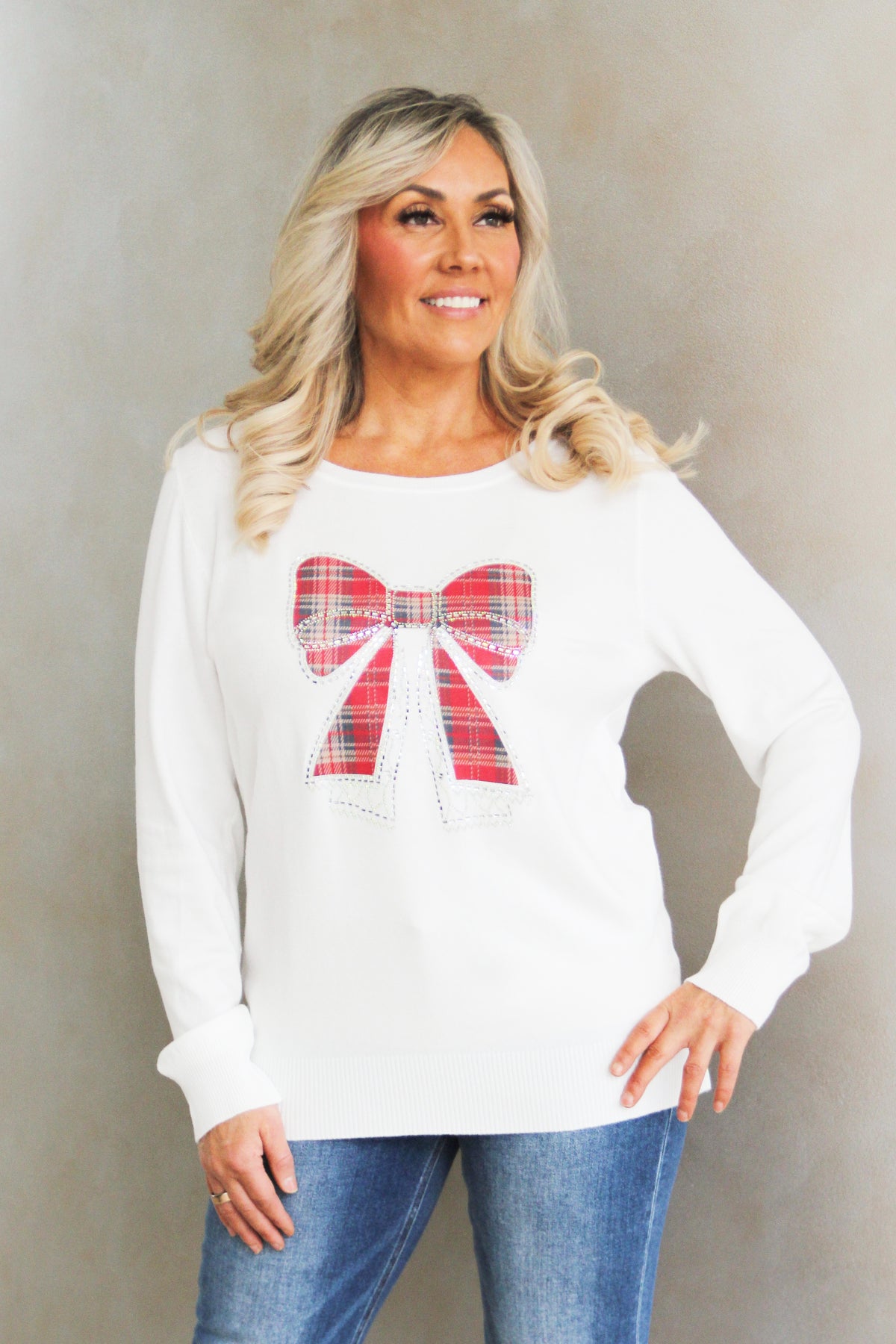 Rhinestone Trimmed Plaid Bow Light Weight Sweater