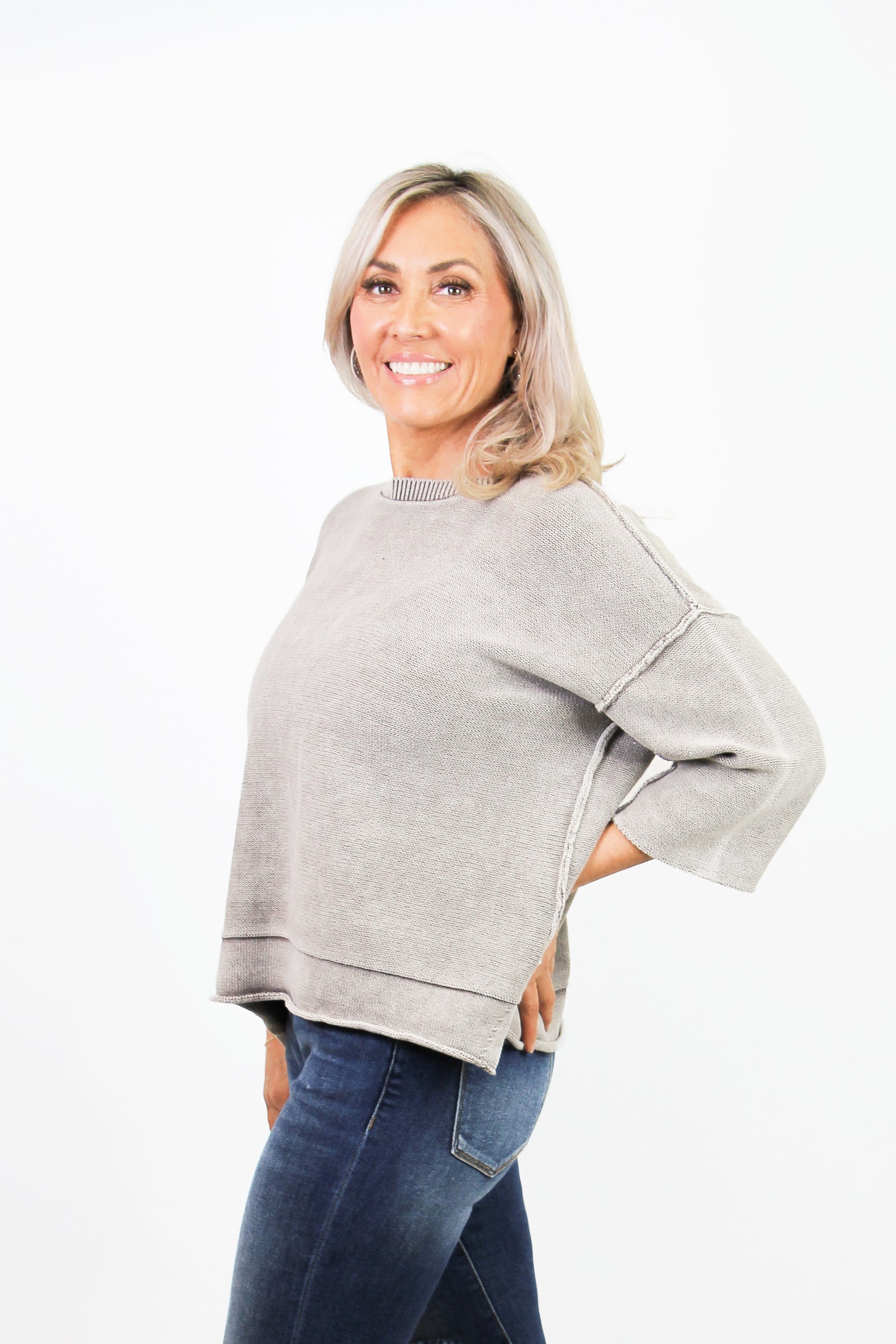 Boxy Side Slit 3/4 Sleeve Sweater