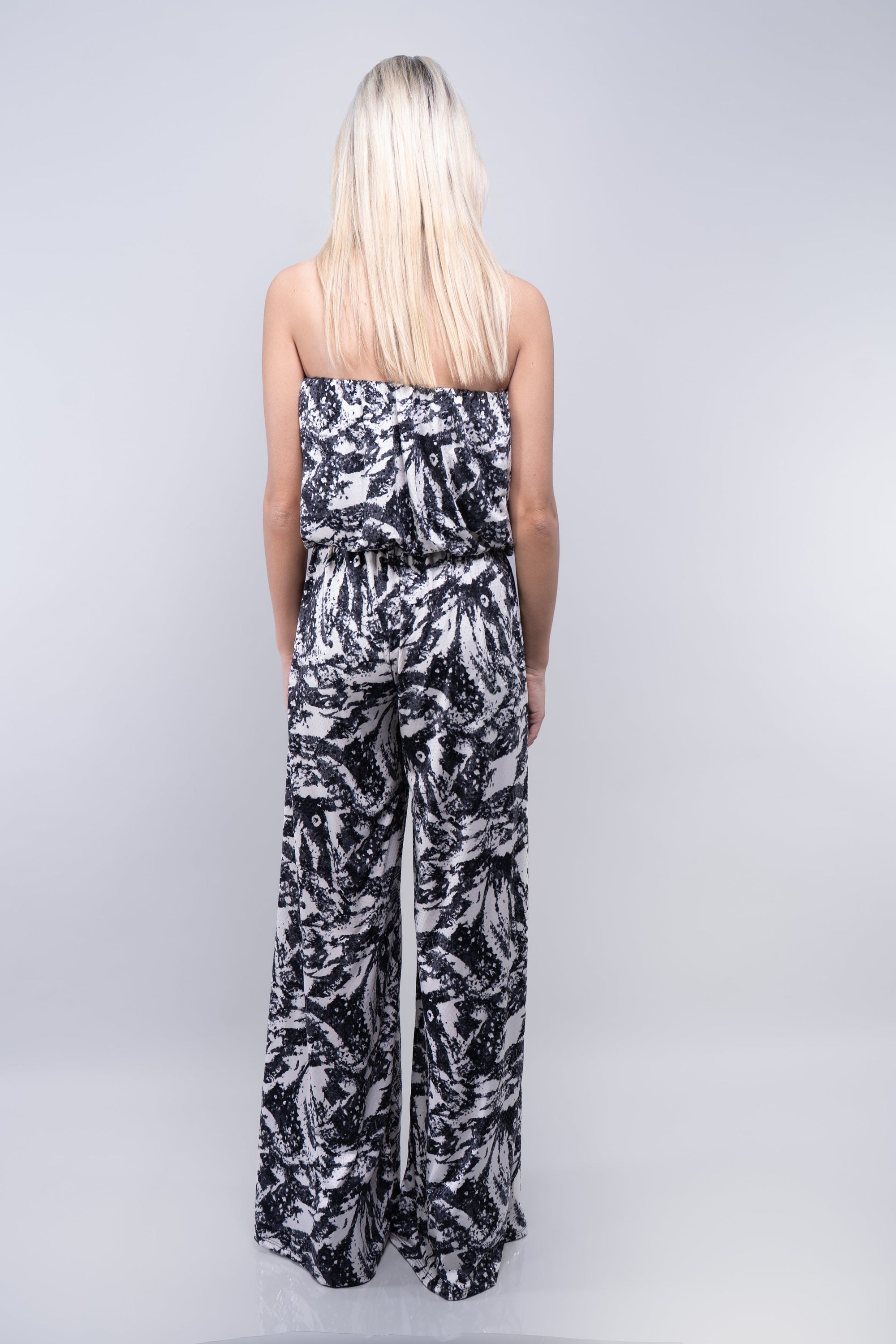 Shimmer Printed Strapless Jumpsuit with Belt