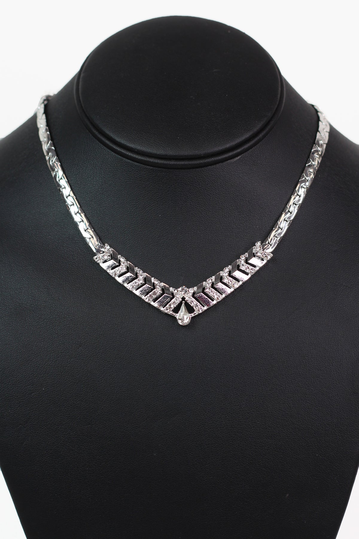 Braided Chain Necklace w/ Chevron &amp; Rhinestone Center