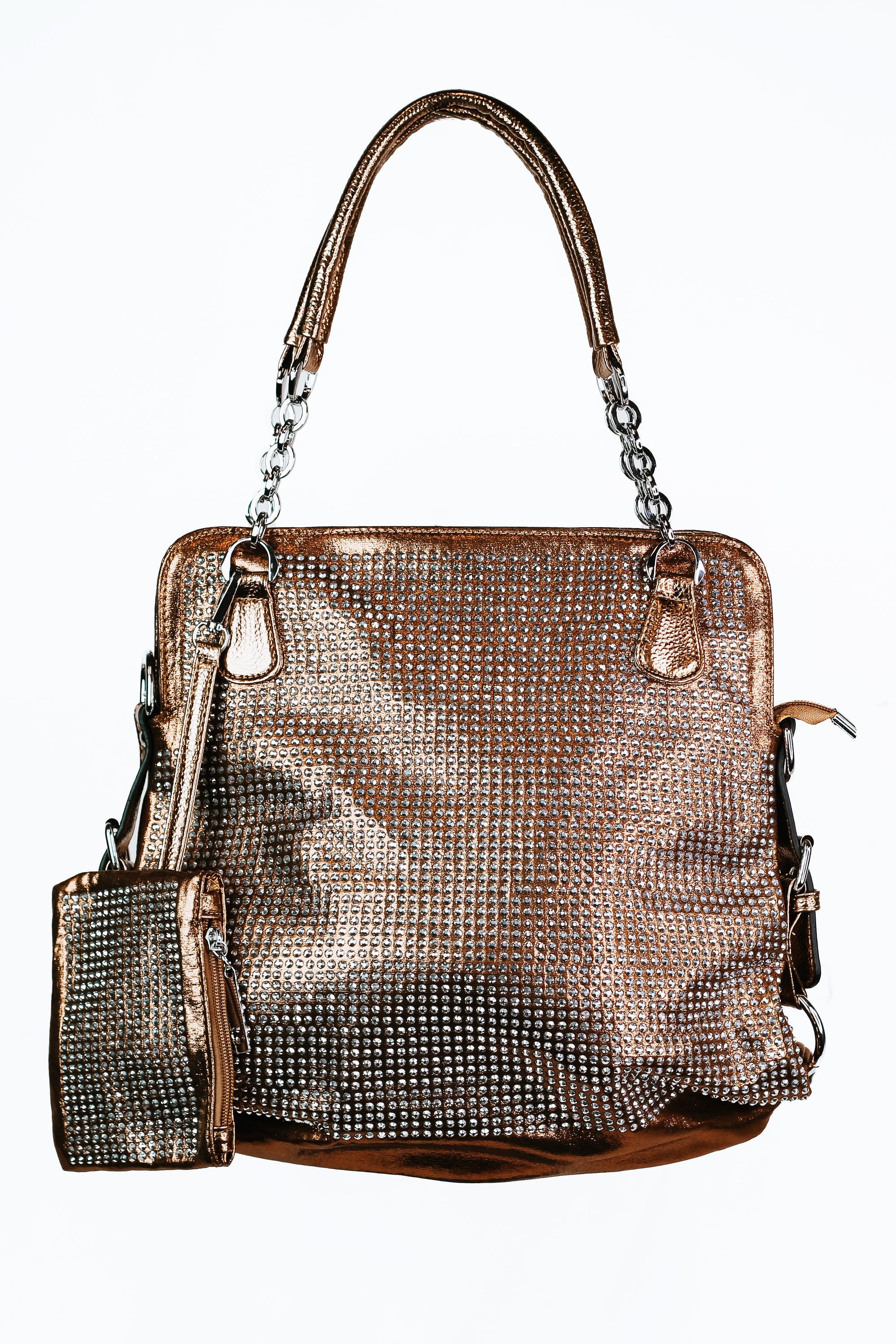 Rhinestone Front Double Handle Purse w/ Matching Wristlet Pouch